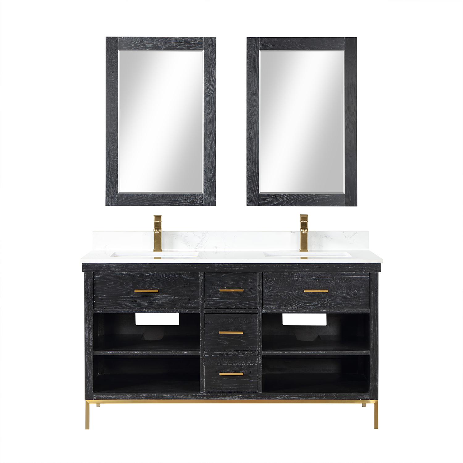 Issac Edwards Collection 60" Double Bathroom Vanity Set in Black Oak with Carrara White Composite Stone Countertop without Mirror
