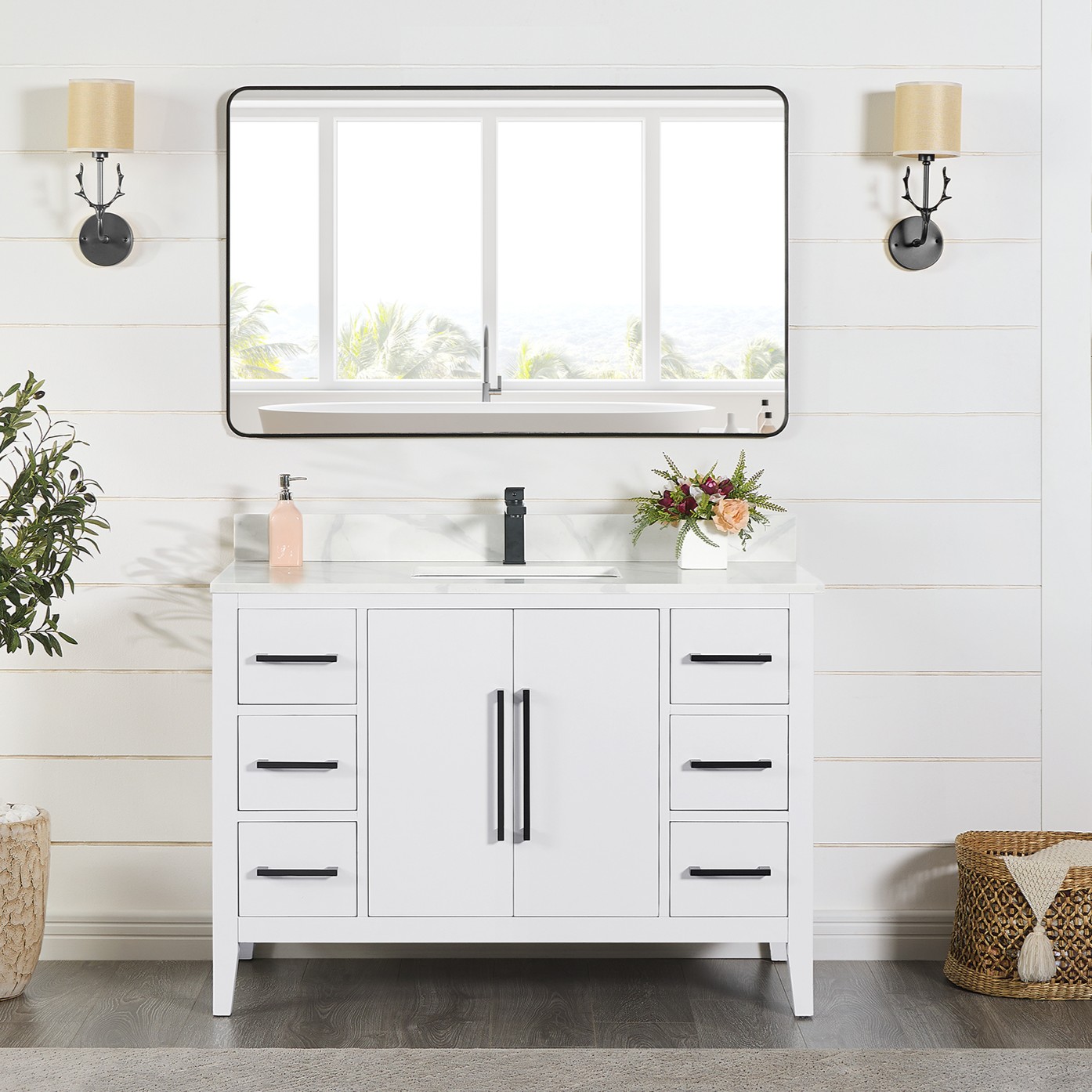 Issac Edwards Collection 48" Single Bathroom Vanity in White with Calacatta White Quartz Countertop and Mirror Option
