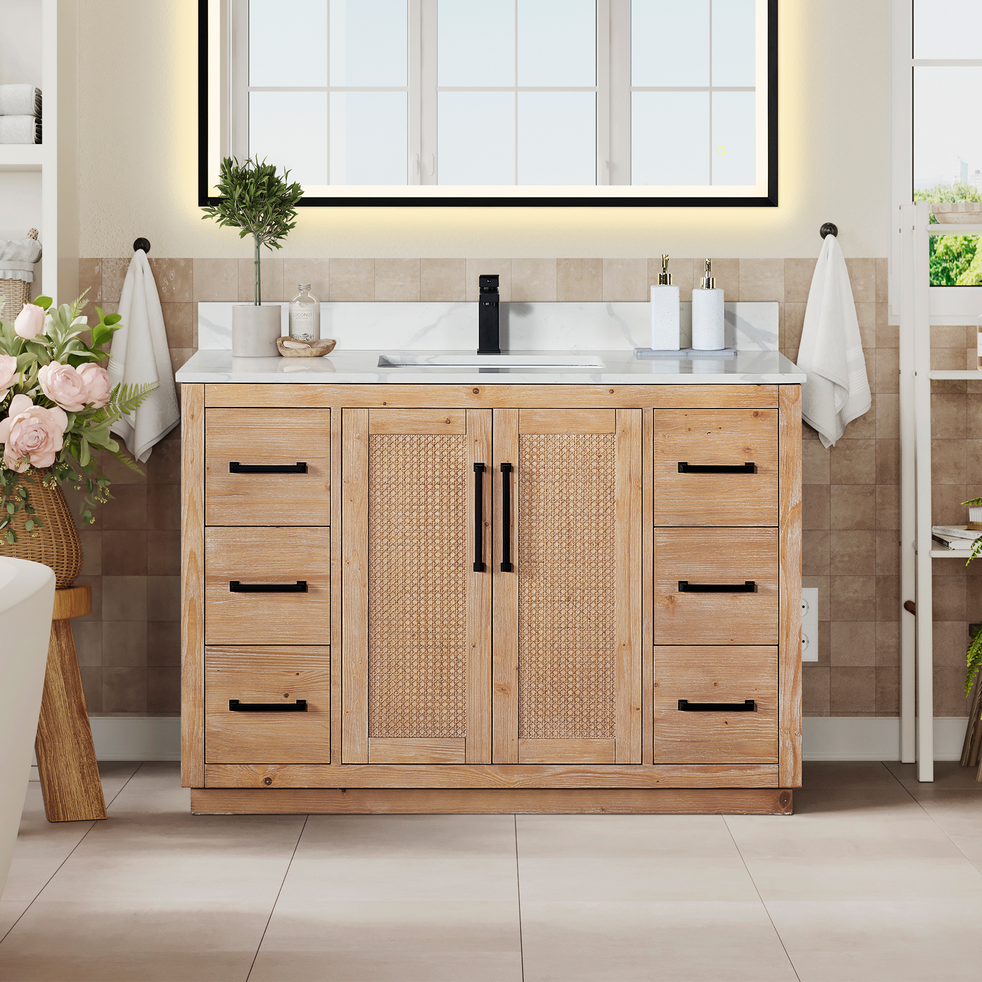 Issac Edwards Collection 48" Single Bathroom Vanity in Light Brown with Calacatta White Quartz Countertop without Mirror Issac Edwards Collection 48" Single Bathroom Vanity in Light Brown with Calacatta White Quartz Countertop without Mirror
