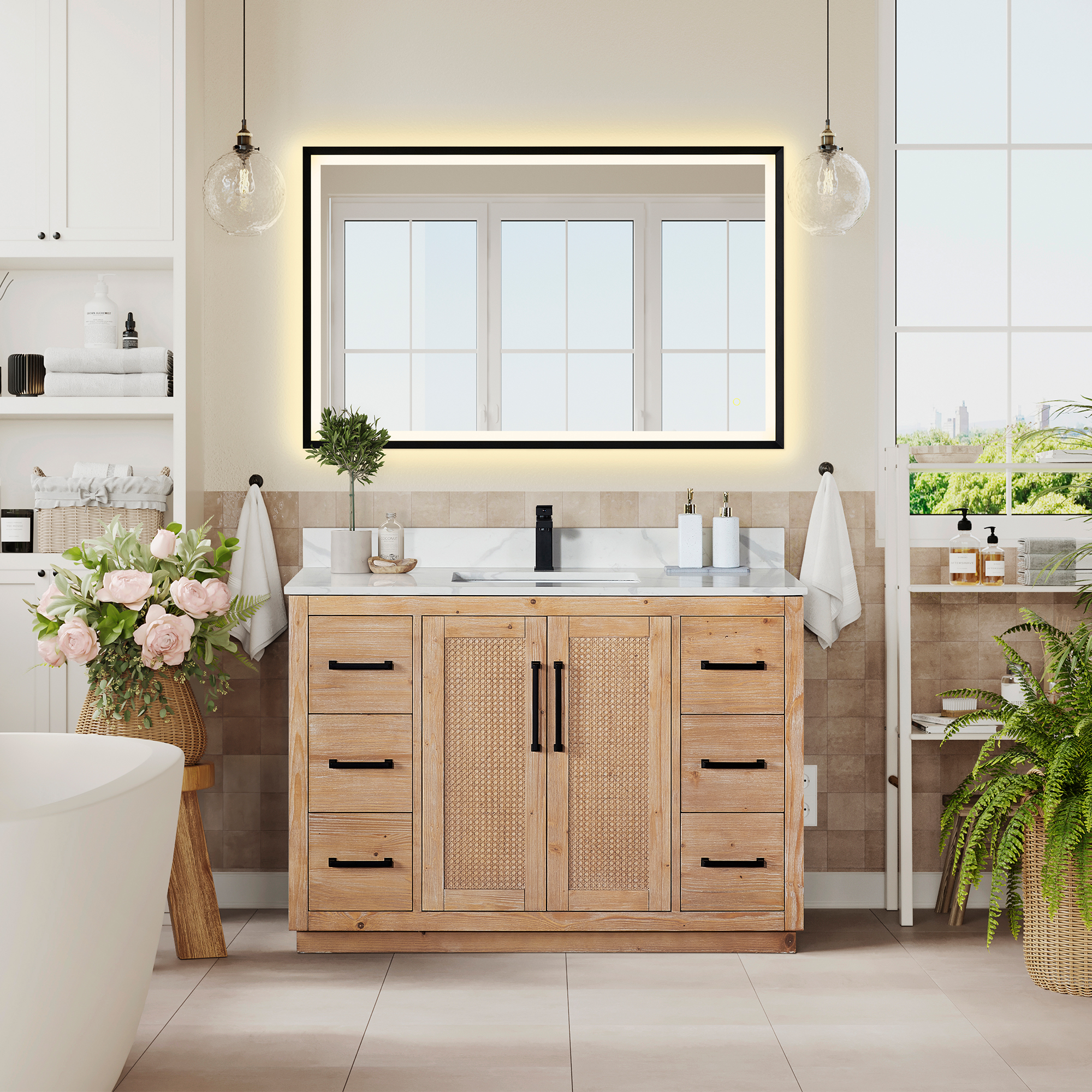 Issac Edwards Collection 48" Single Bathroom Vanity in Light Brown with Calacatta White Quartz Countertop with Mirror Issac Edwards Collection 48" Single Bathroom Vanity in Light Brown with Calacatta White Quartz Countertop with Mirror