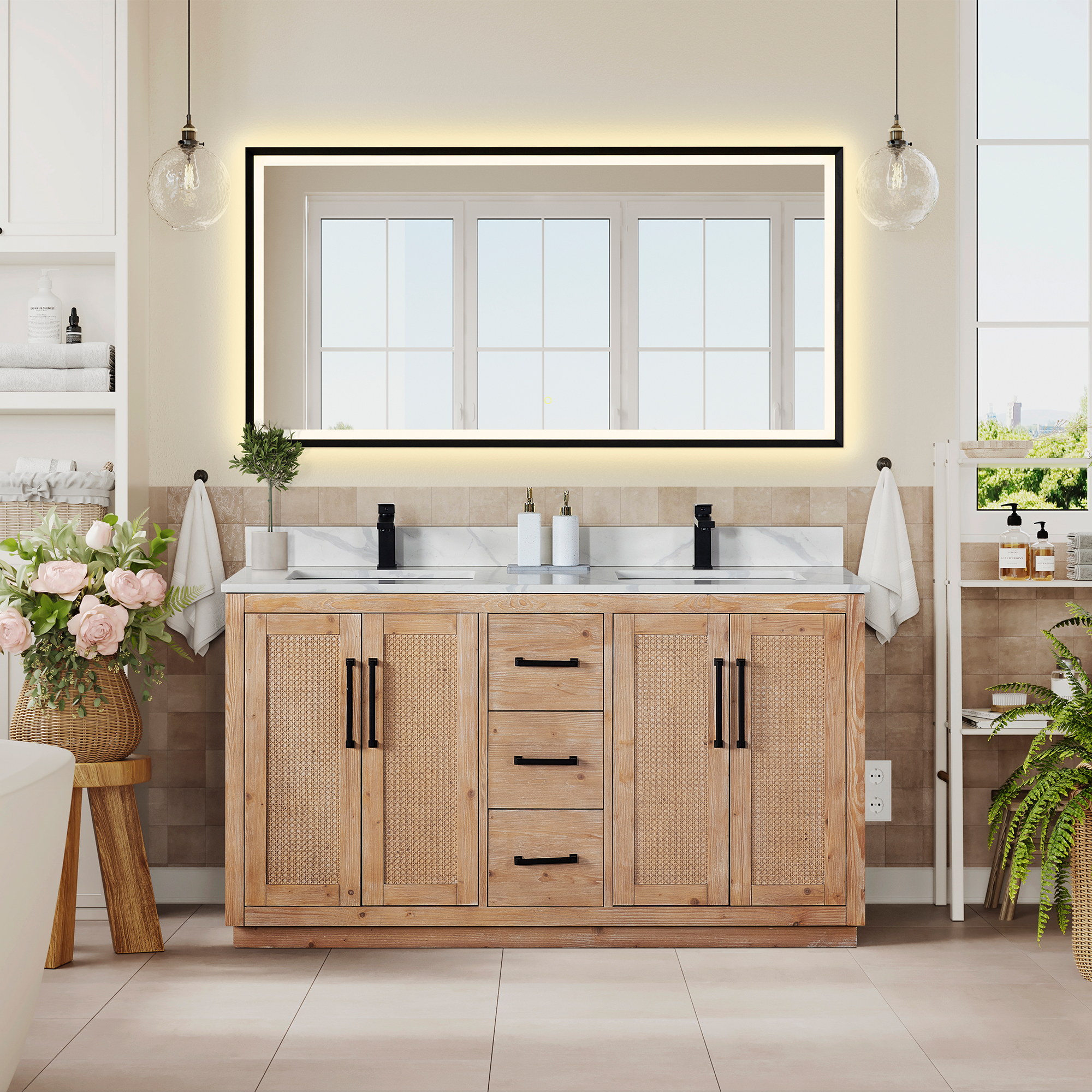 Issac Edwards Collection 60" Double Bathroom Vanity in Light Brown with Calacatta White Quartz Countertop with Mirror Issac Edwards Collection 60" Double Bathroom Vanity in Light Brown with Calacatta White Quartz Countertop with Mirror