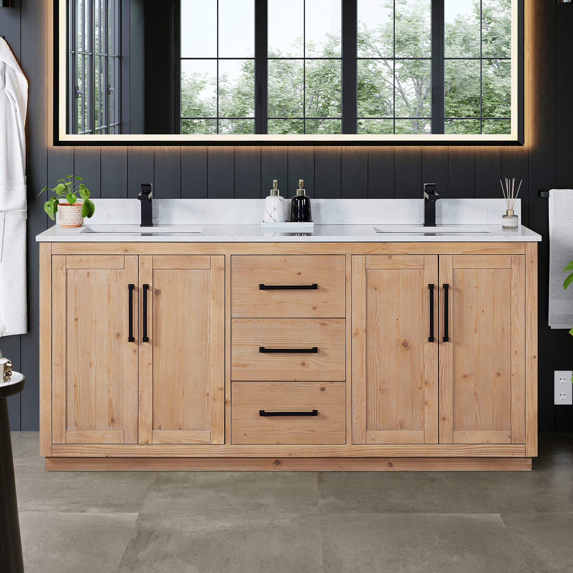 Issac Edwards Collection 72" Double Bathroom Vanity in Light Brown with Grain White Stone Countertop without Mirror