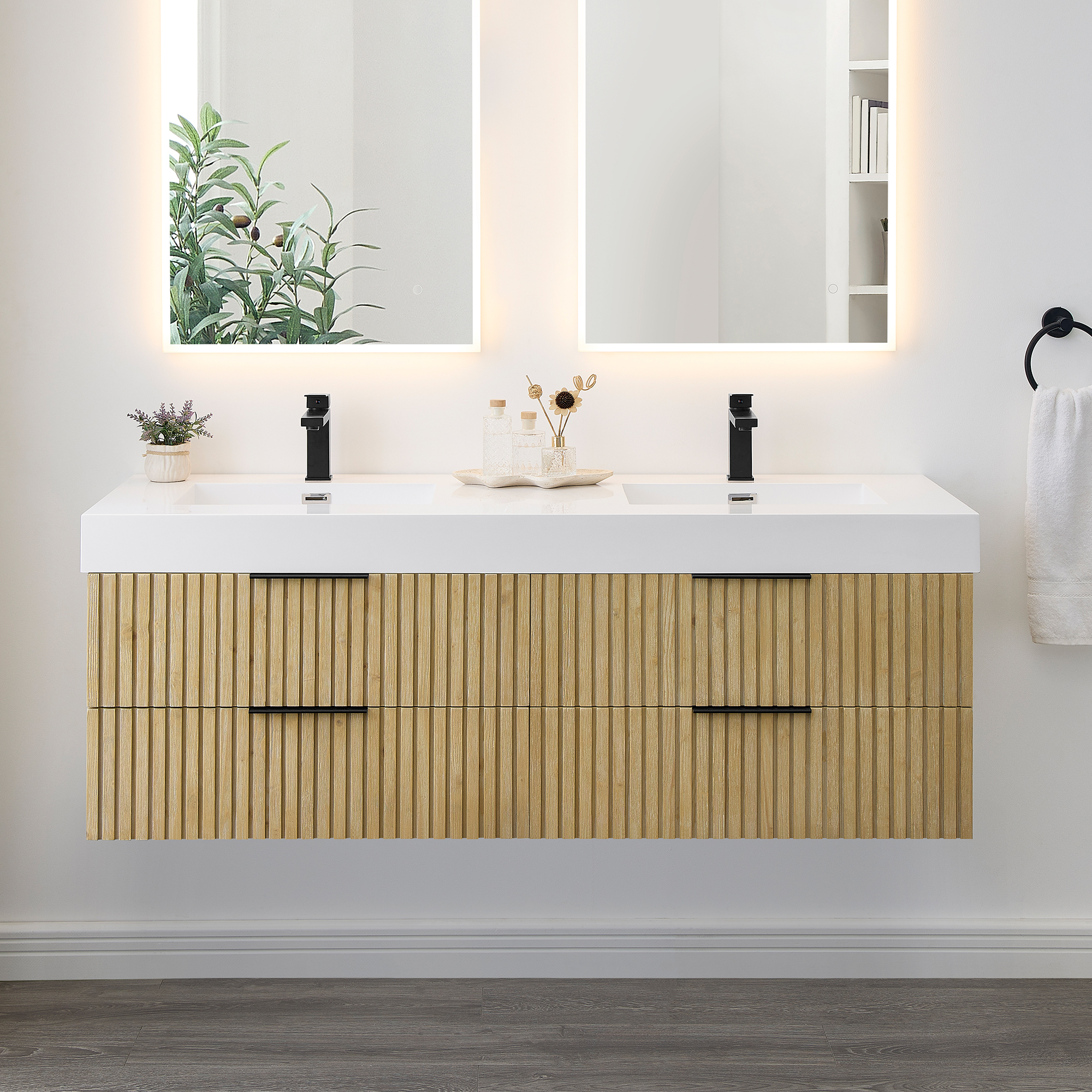 Issac Edwards Collection 60" Wall-mounted Double Bathroom Vanity in Nature Brown with White Artificial Drop-in Sink without Mirror
