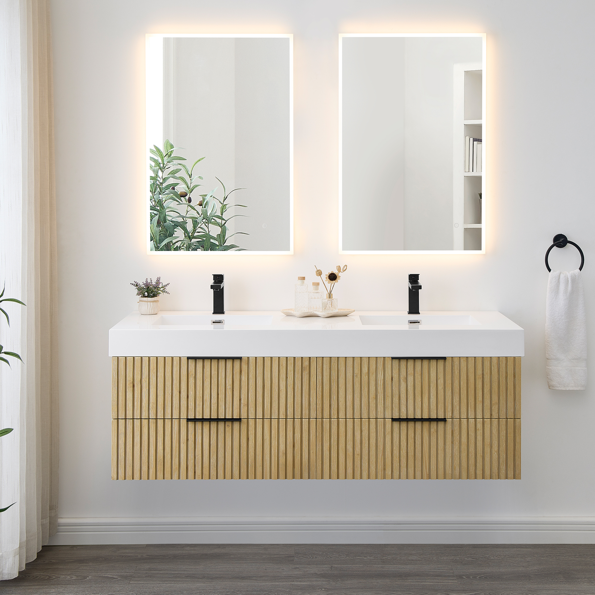 Issac Edwards Collection 60" Wall-mounted Double Bathroom Vanity in Nature Brown with White Artificial Drop-in Sink with Mirror