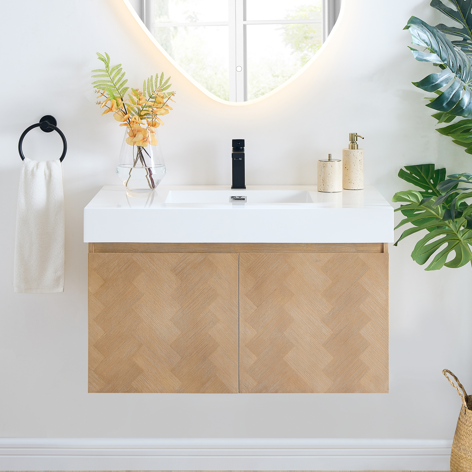 Issac Edwards Collection 36" Wall-mounted Single Bathroom Vanity in Light Brown with White Artificial Drop-in Sink without Mirror