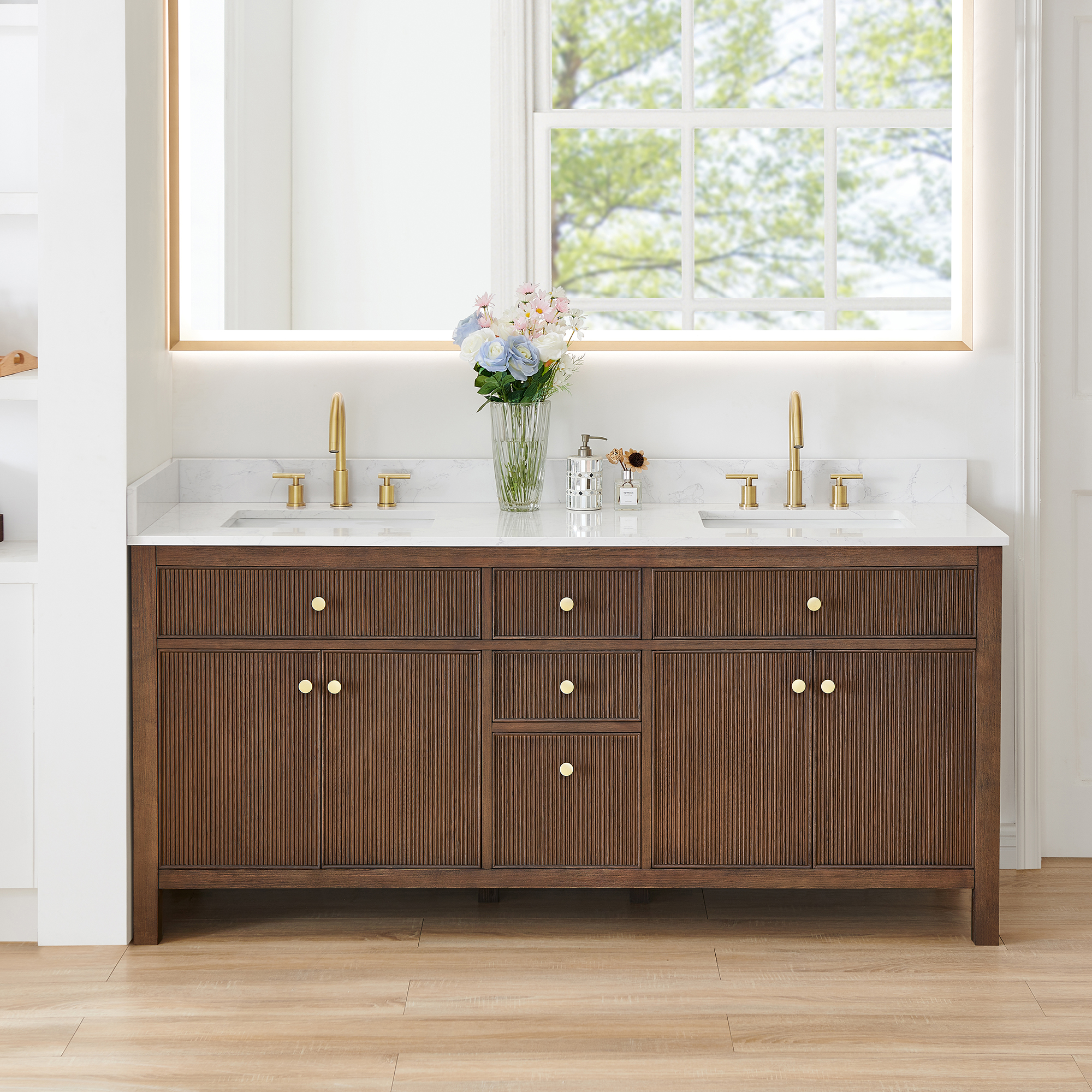 Issac Edwards Collection 72" Double Bathroom Vanity in Brown Brushed Oak with Grain White Stone Countertop without Mirror Issac Edwards Collection 72" Double Bathroom Vanity in Brown Brushed Oak with Grain White Stone Countertop without Mirror