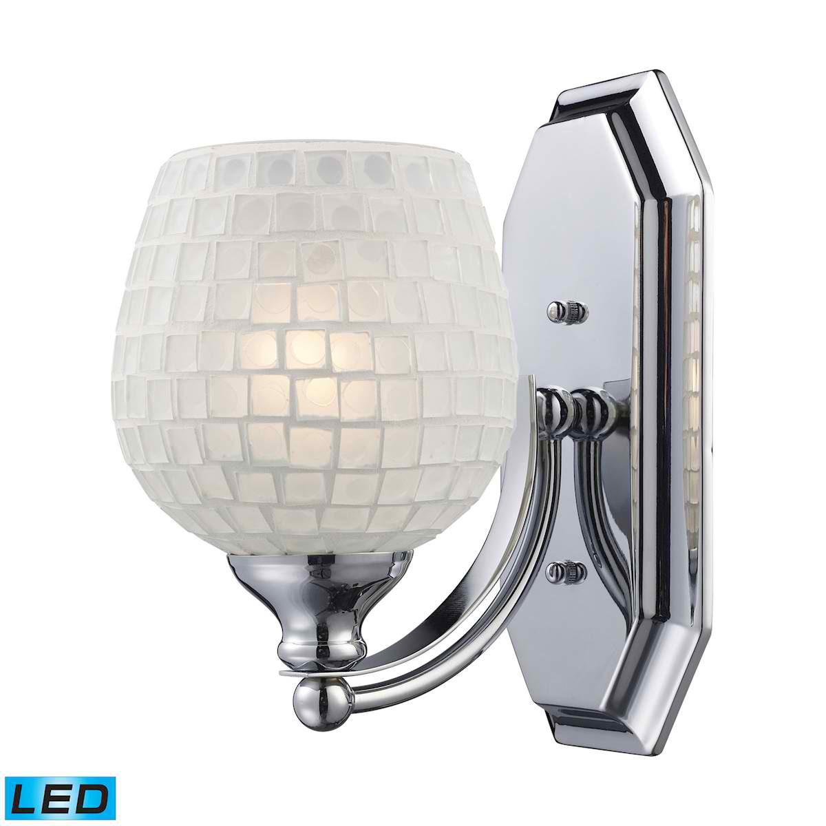 1 Light Vanity in Polished Chrome and White Mosaic Glass - LED Offering Up To 800 Lumens (60 Watt Equivalent)