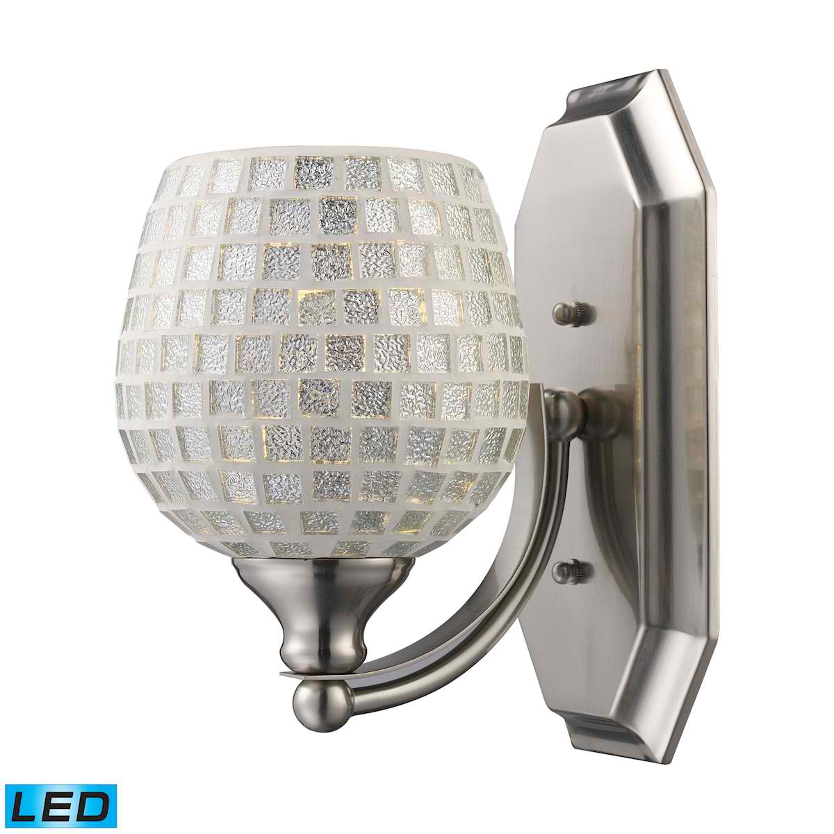 1 Light Vanity in Satin Nickel and Silver Mosaic Glass - LED Offering Up To 800 Lumens (60 Watt Equivalent)