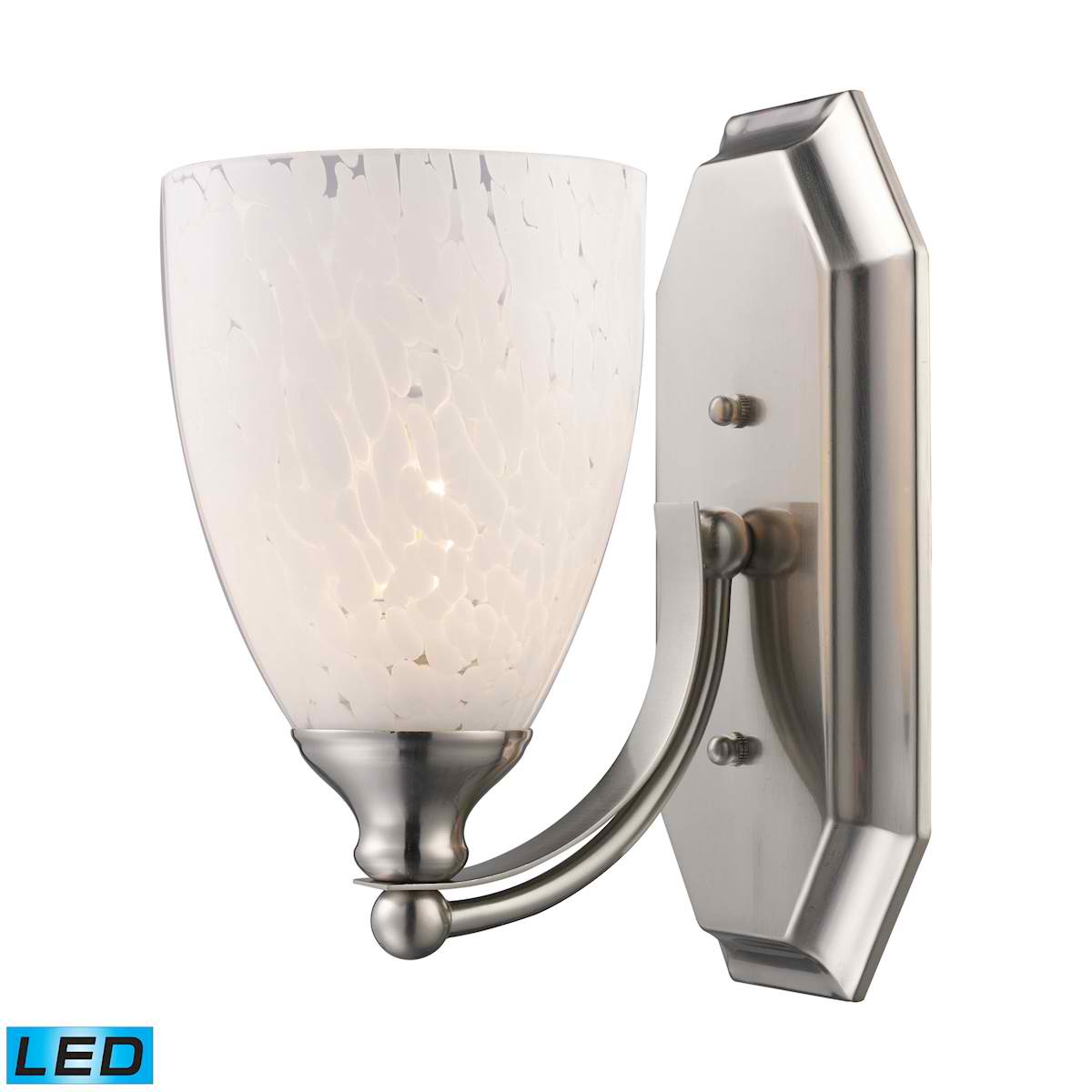 1 Light Vanity in Satin Nickel and Snow White Glass - LED Offering Up To 800 Lumens (60 Watt Equivalent)