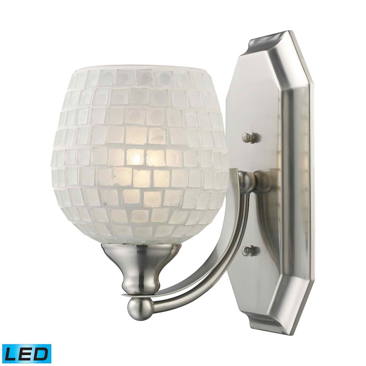 1 Light Vanity in Satin Nickel and White Mosaic Glass - LED Offering Up To 800 Lumens (60 Watt Equivalent)