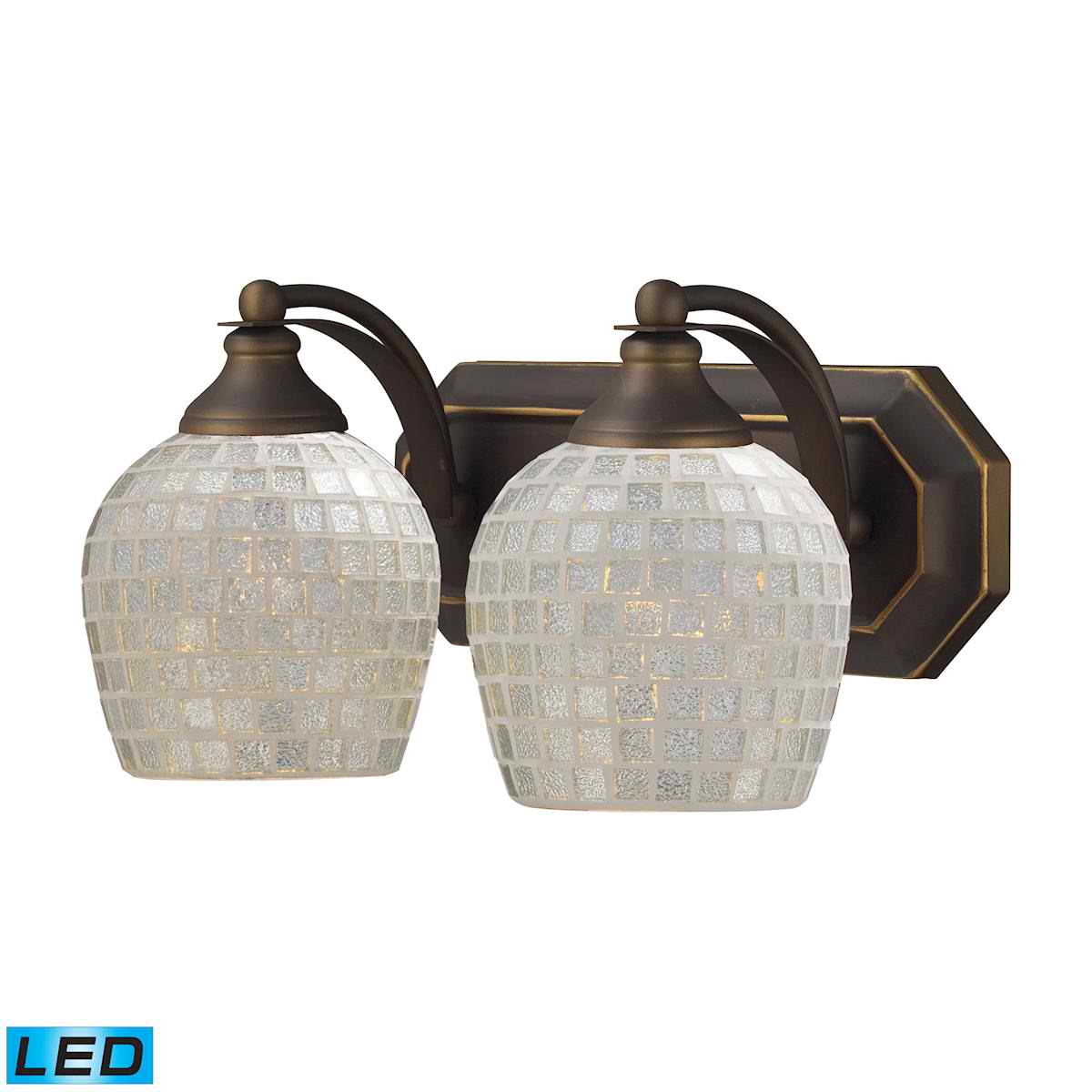 2 Light Vanity in Aged Bronze and Silver Mosaic Glass - LED, 800 Lumens (1600 Lumens Total) with Full Scale