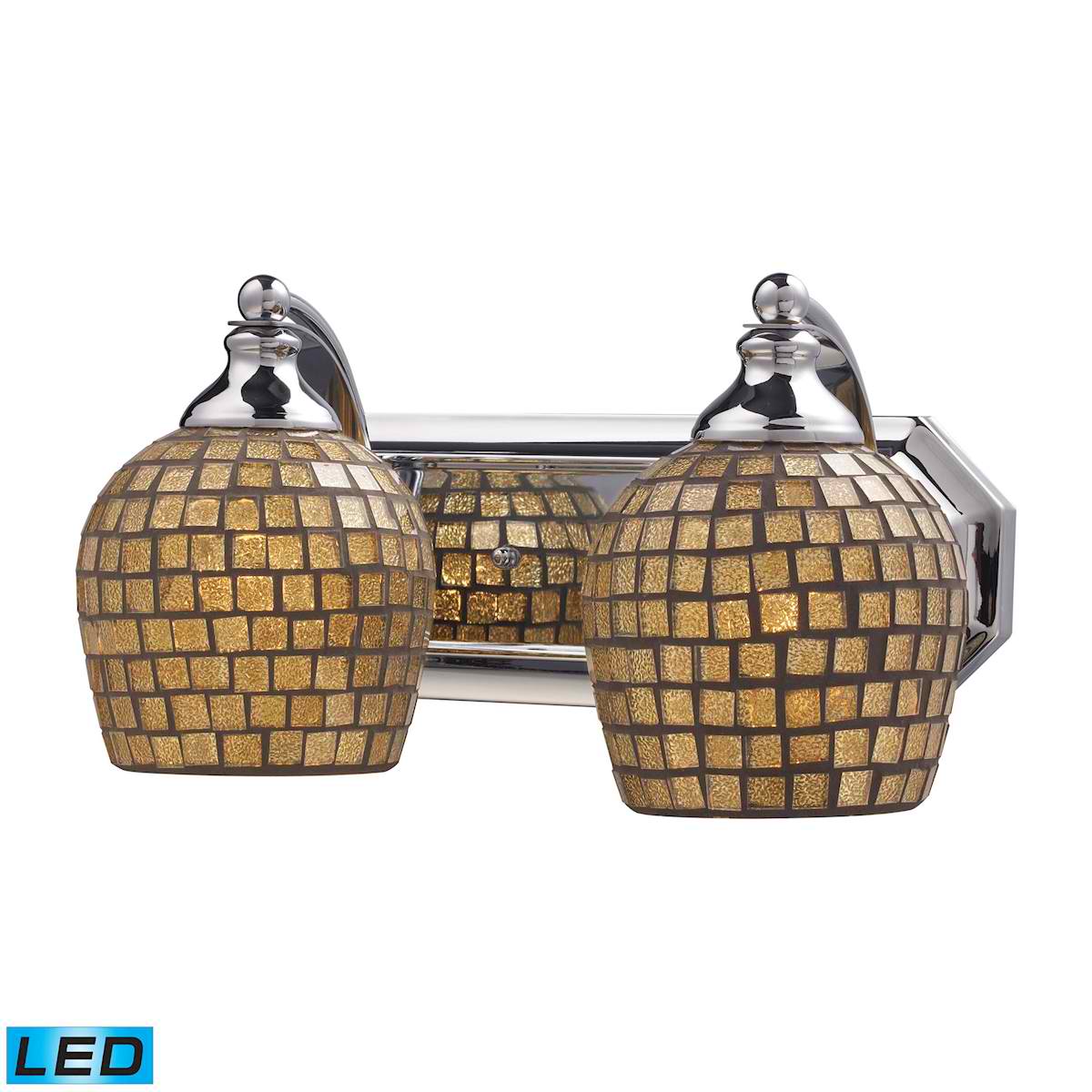2 Light Vanity in Polished Chrome and Gold Mosaic Glass - LED, 800 Lumens (1600 Lumens Total) with Full Scale