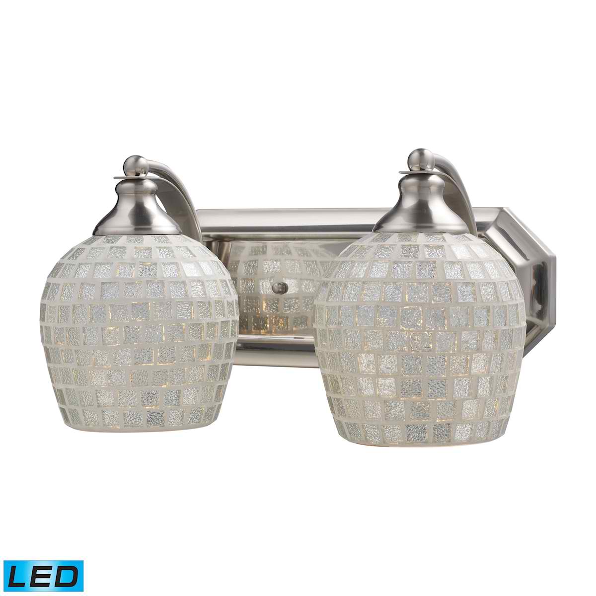 2 Light Vanity in Satin Nickel and Silver Mosaic Glass - LED, 800 Lumens (1600 Lumens Total) with Full Scale