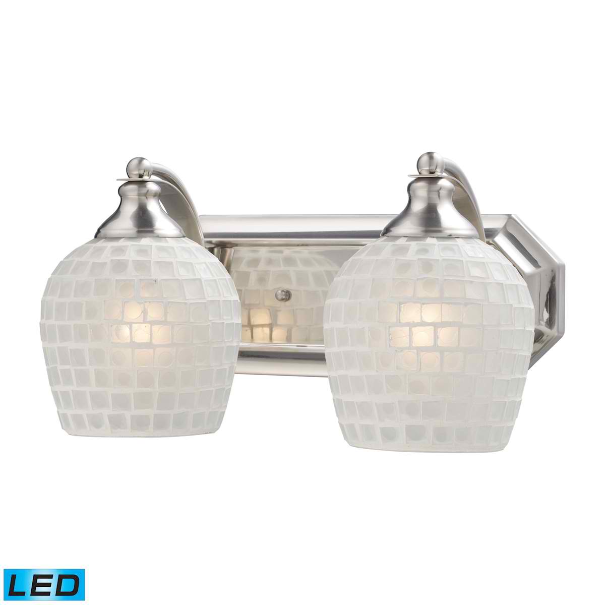 2 Light Vanity in Satin Nickel and White Mosaic Glass - LED, 800 Lumens (1600 Lumens Total) with Full Scale
