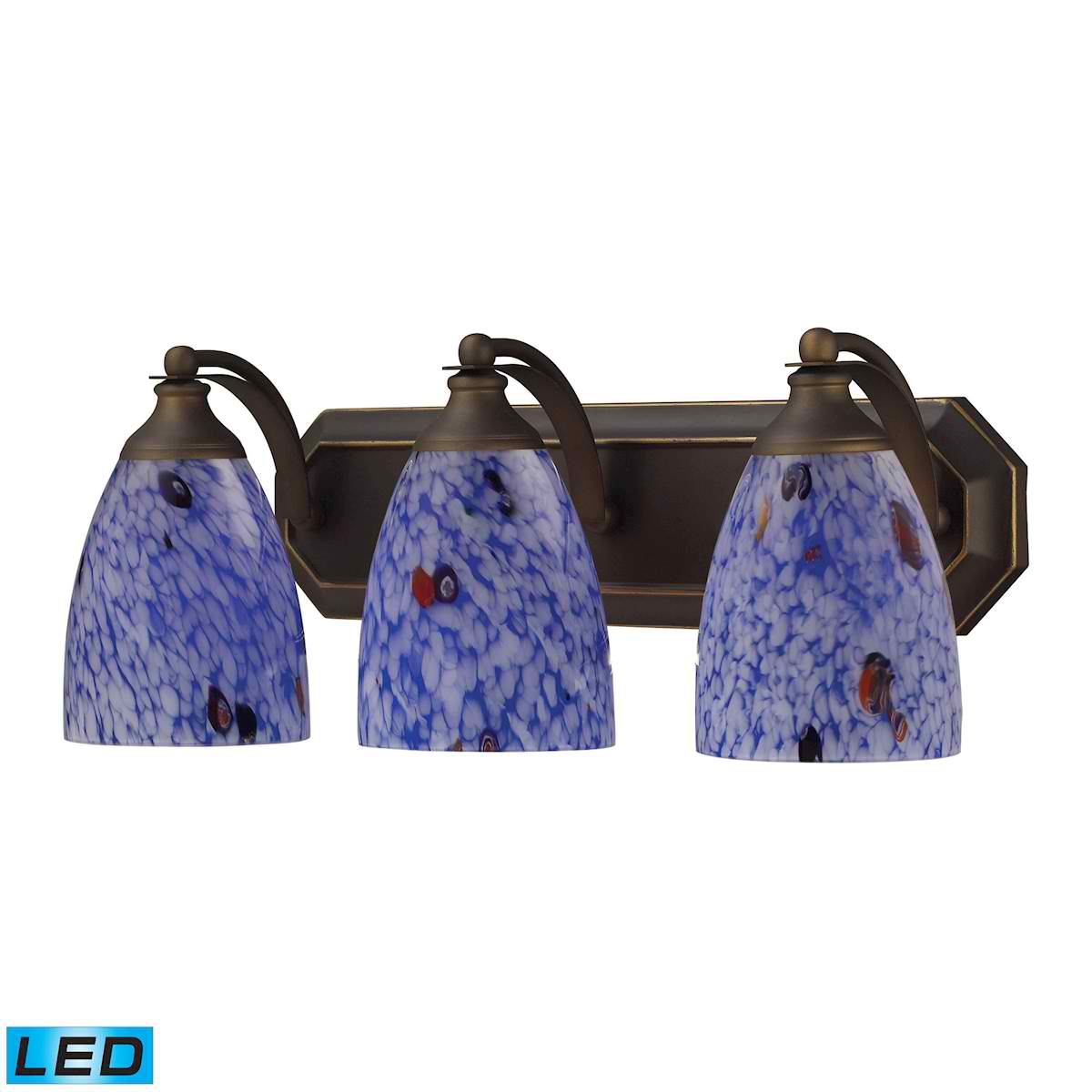 3 Light Vanity in Aged Bronze and Starburst Blue Glass - LED, 800 Lumens (2400 Lumens Total) with Full Scale
