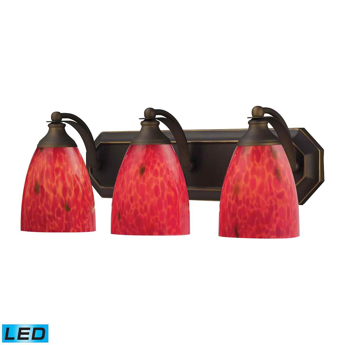 3 Light Vanity in Aged Bronze and Fire Red Glass - LED, 800 Lumens (2400 Lumens Total) with Full Scale