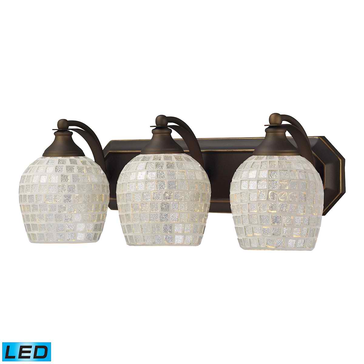 3 Light Vanity in Aged Bronze and Silver Mosaic Glass - LED, 800 Lumens (2400 Lumens Total) with Full Scale