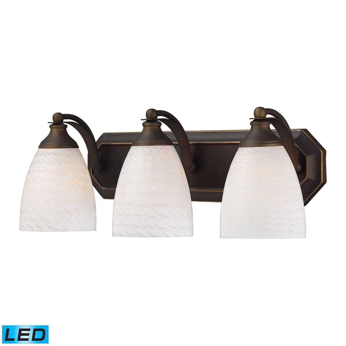 3 Light Vanity in Aged Bronze and White Swirl Glass - LED, 800 Lumens (2400 Lumens Total) with Full Scale