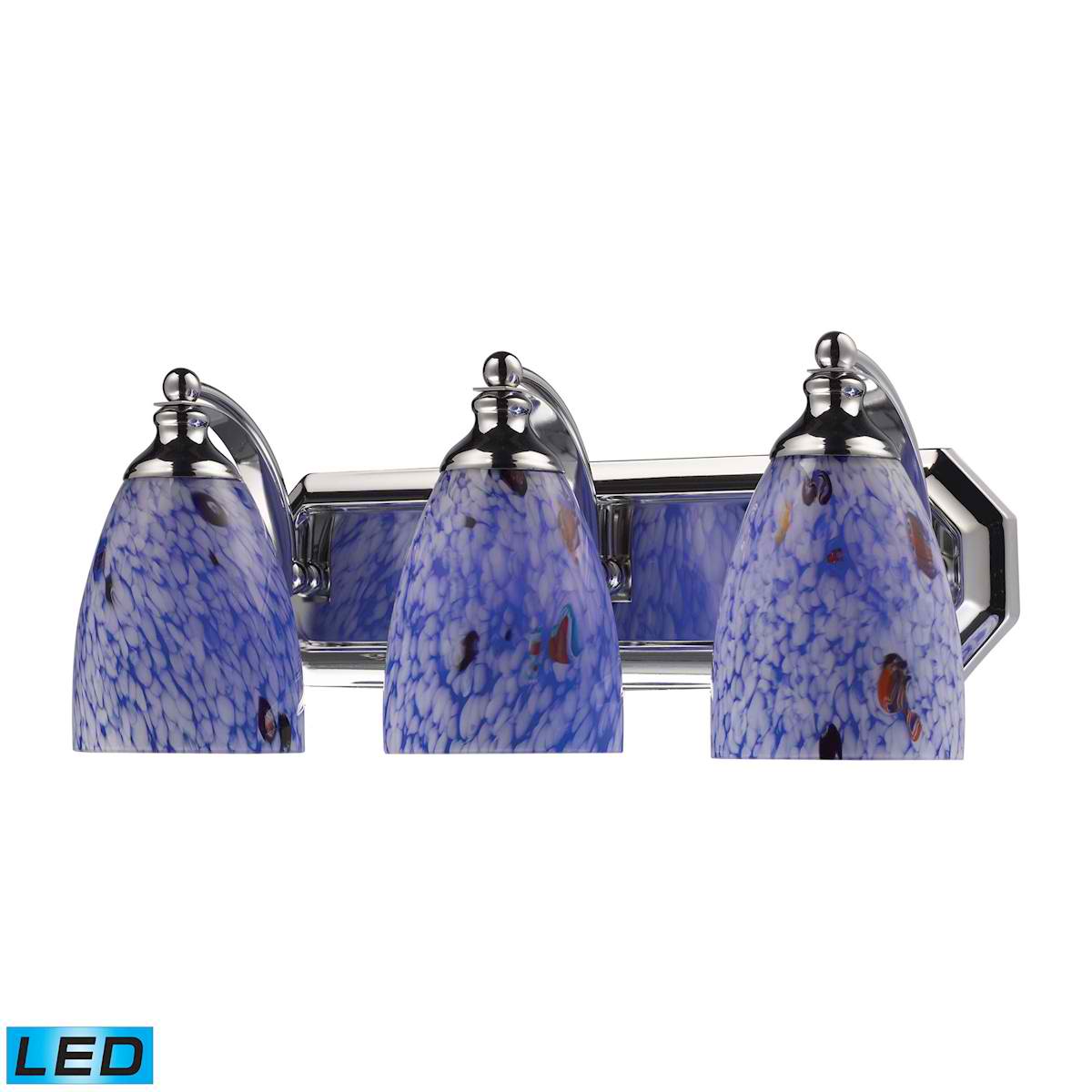 3 Light Vanity in Polished Chrome and Starburst Blue Glass - LED, 800 Lumens (2400 Lumens Total) With Full Scale