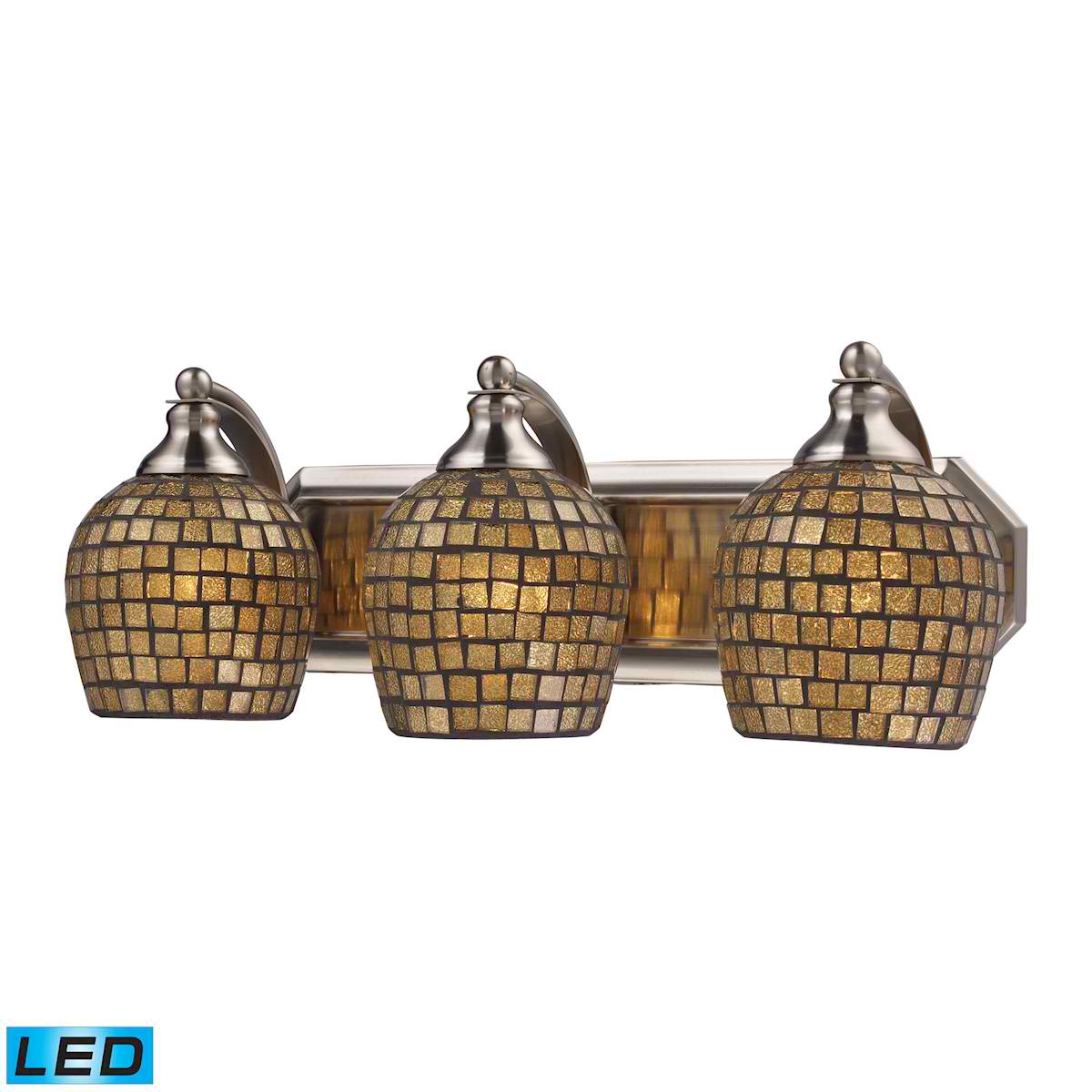 3 Light Vanity in Satin Nickel and Gold Mosaic Glass - LED, 800 Lumens (2400 Lumens Total) with Full Scale