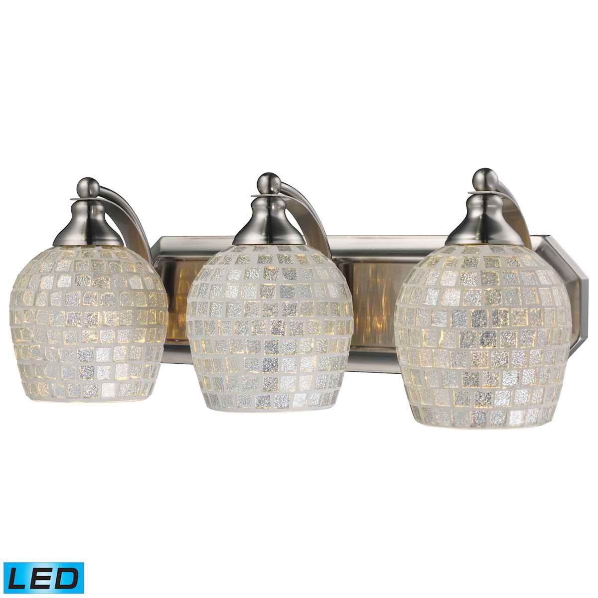 3 Light Vanity in Satin Nickel and Silver Mosaic Glass - LED, 800 Lumens (2400 Lumens Total) with Full Scale