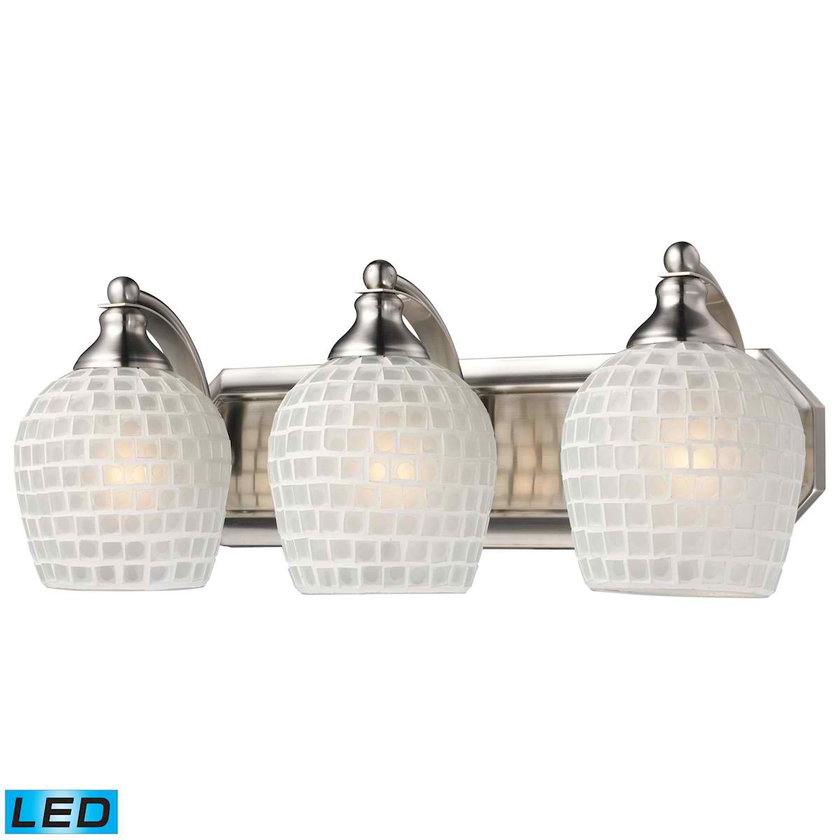 3 Light Vanity in Satin Nickel and White Mosaic Glass - LED, 800 Lumens (2400 Lumens Total) with Full Scale