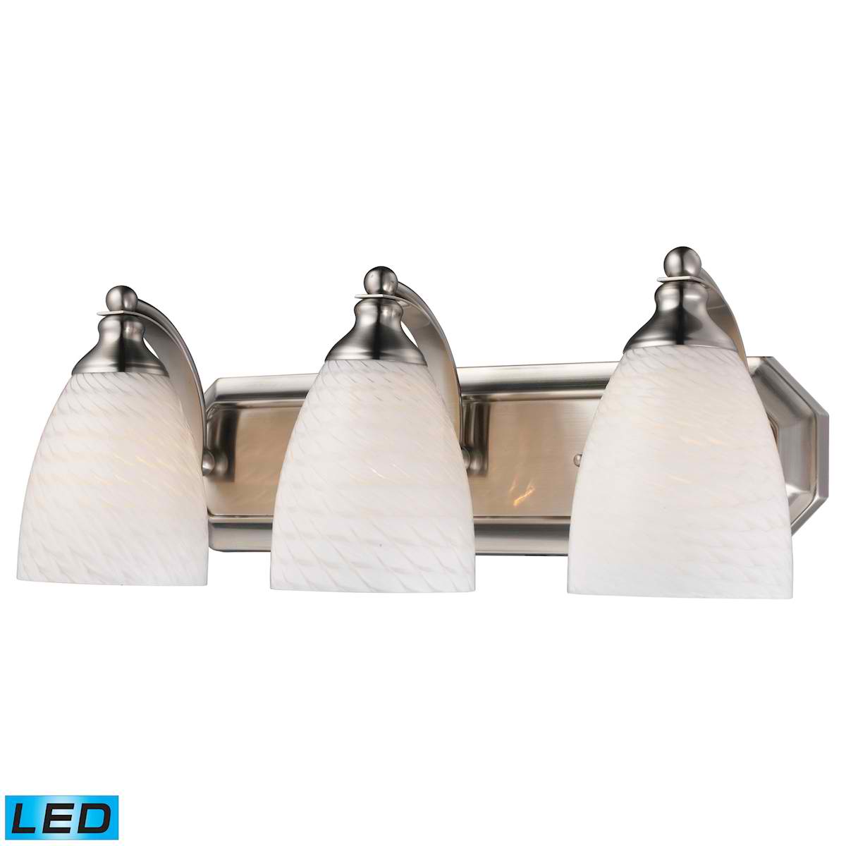 3 Light Vanity in Satin Nickel and White Swirl Glass - LED, 800 Lumens (2400 Lumens Total) with Full Scale