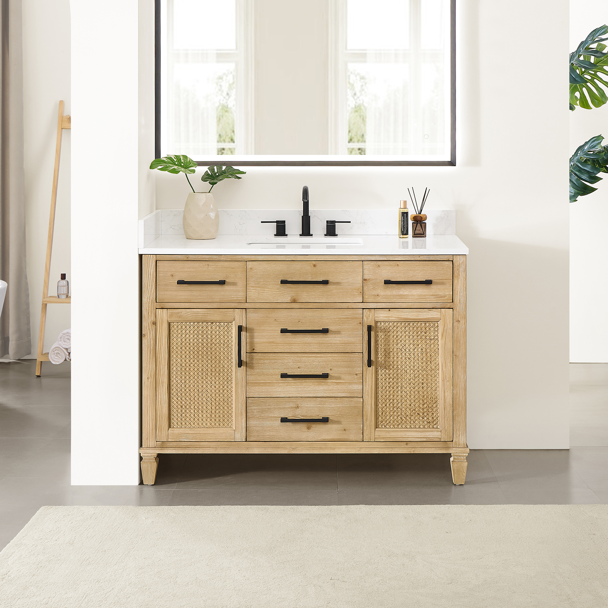 Issac Edwards Collection 48" Single Bathroom Vanity in Weathered Fir Finish with Grain White Stone Countertop without Mirror