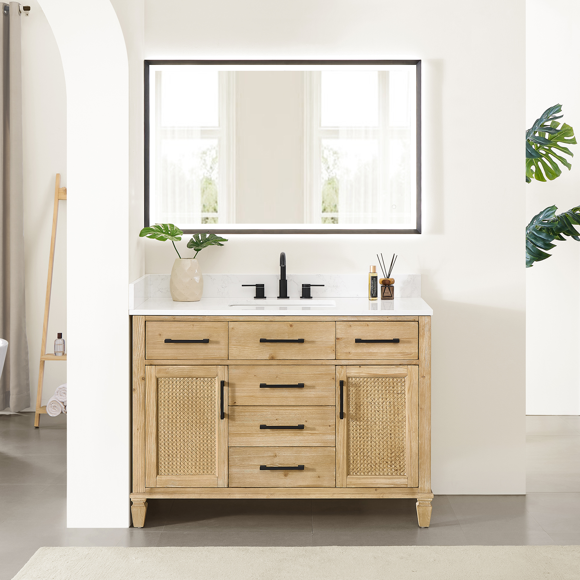 Issac Edwards Collection 48" Single Bathroom Vanity in Weathered Fir Finish with Grain White Stone Countertop with Mirror