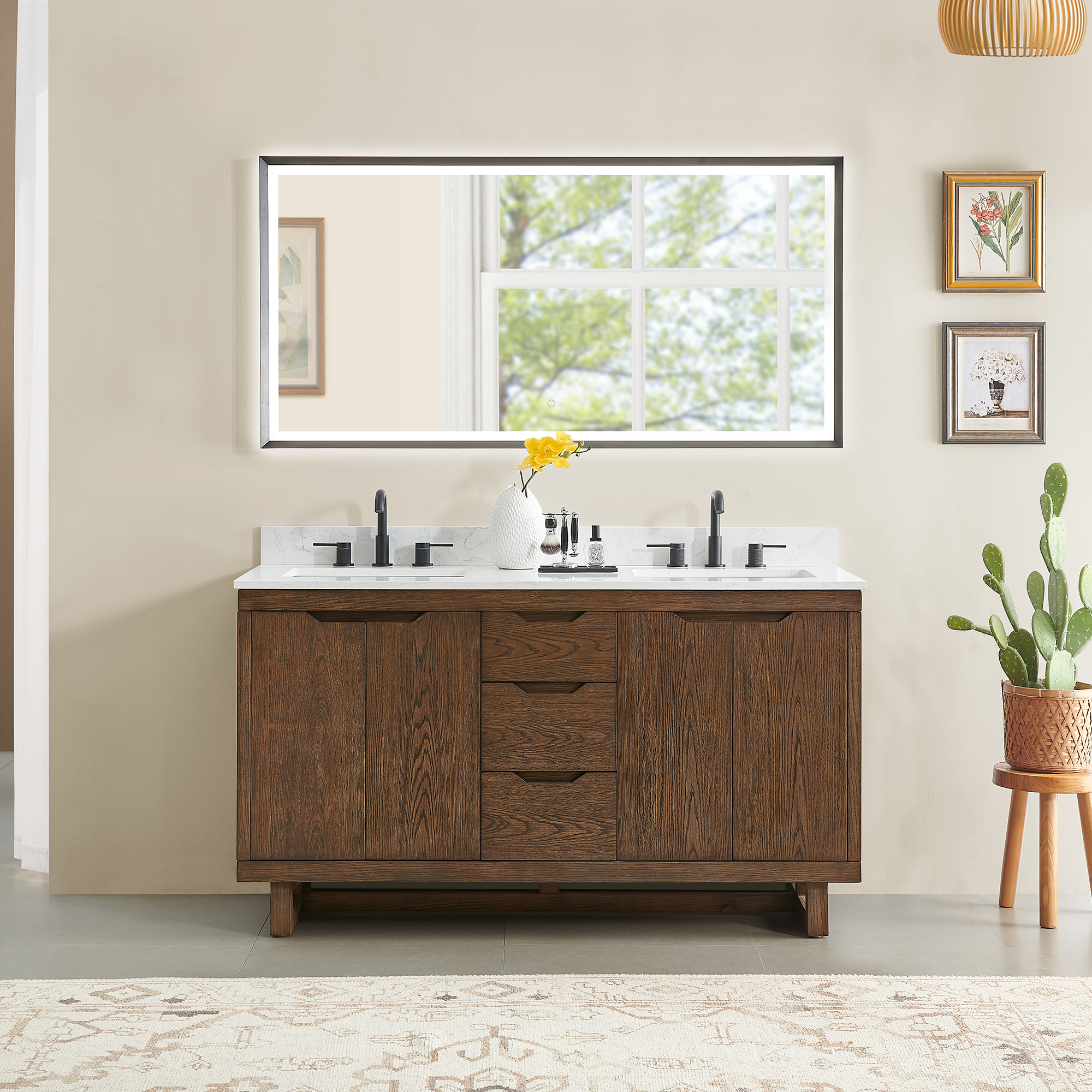 Issac Edwards Collection 60" Double Bathroom Vanity in Brown Brushed Oak Finish with Grain White Stone Countertop with Mirror