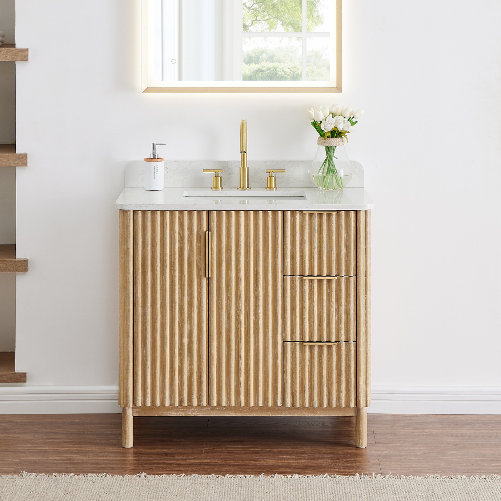 Issac Edwards Collection 36" Single Bathroom Vanity in Washed Light Brown with Grain White Stone Countertop without Mirror
