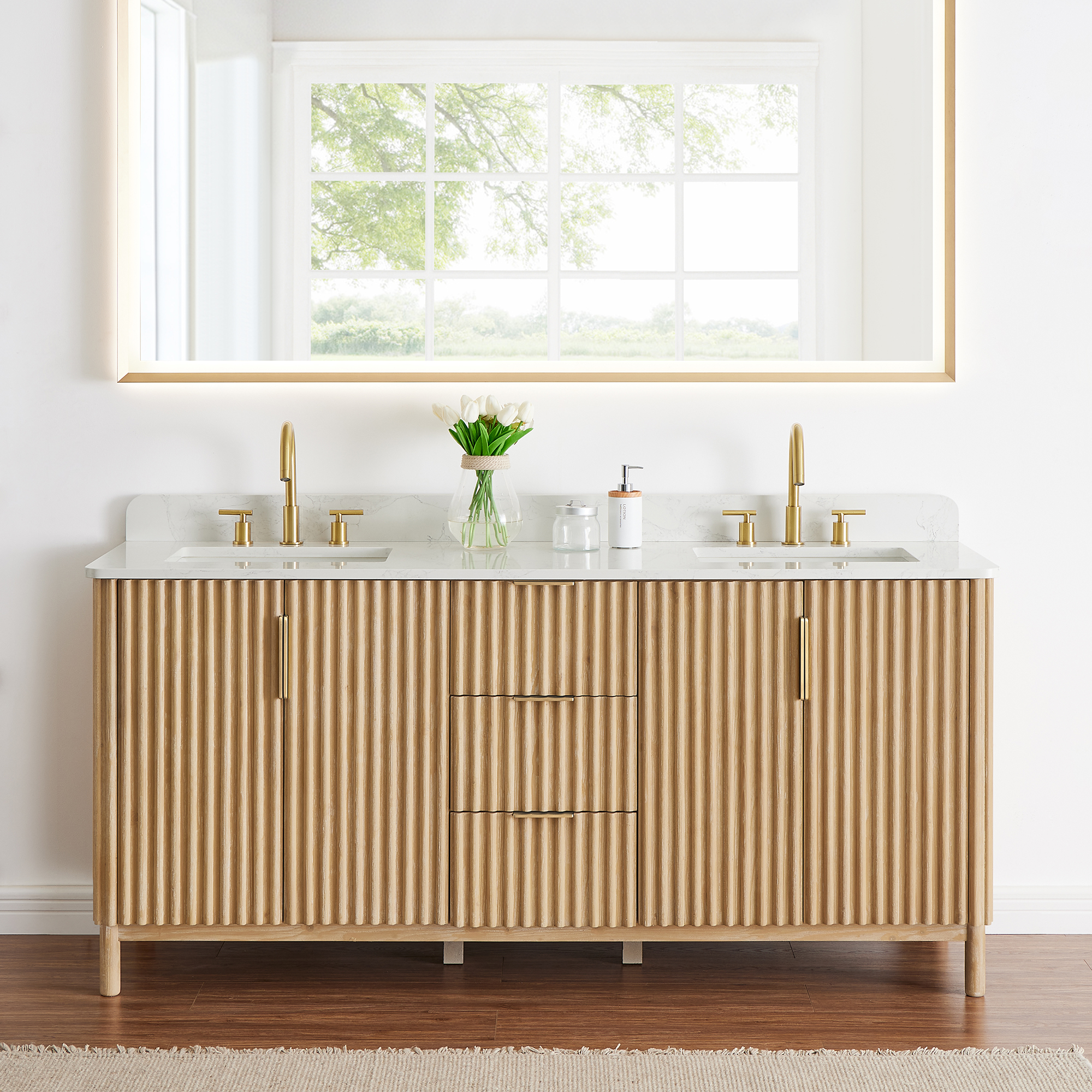 Issac Edwards Collection 72" Double Bathroom Vanity in Washed Light Brown with Grain White Stone Countertop without Mirror