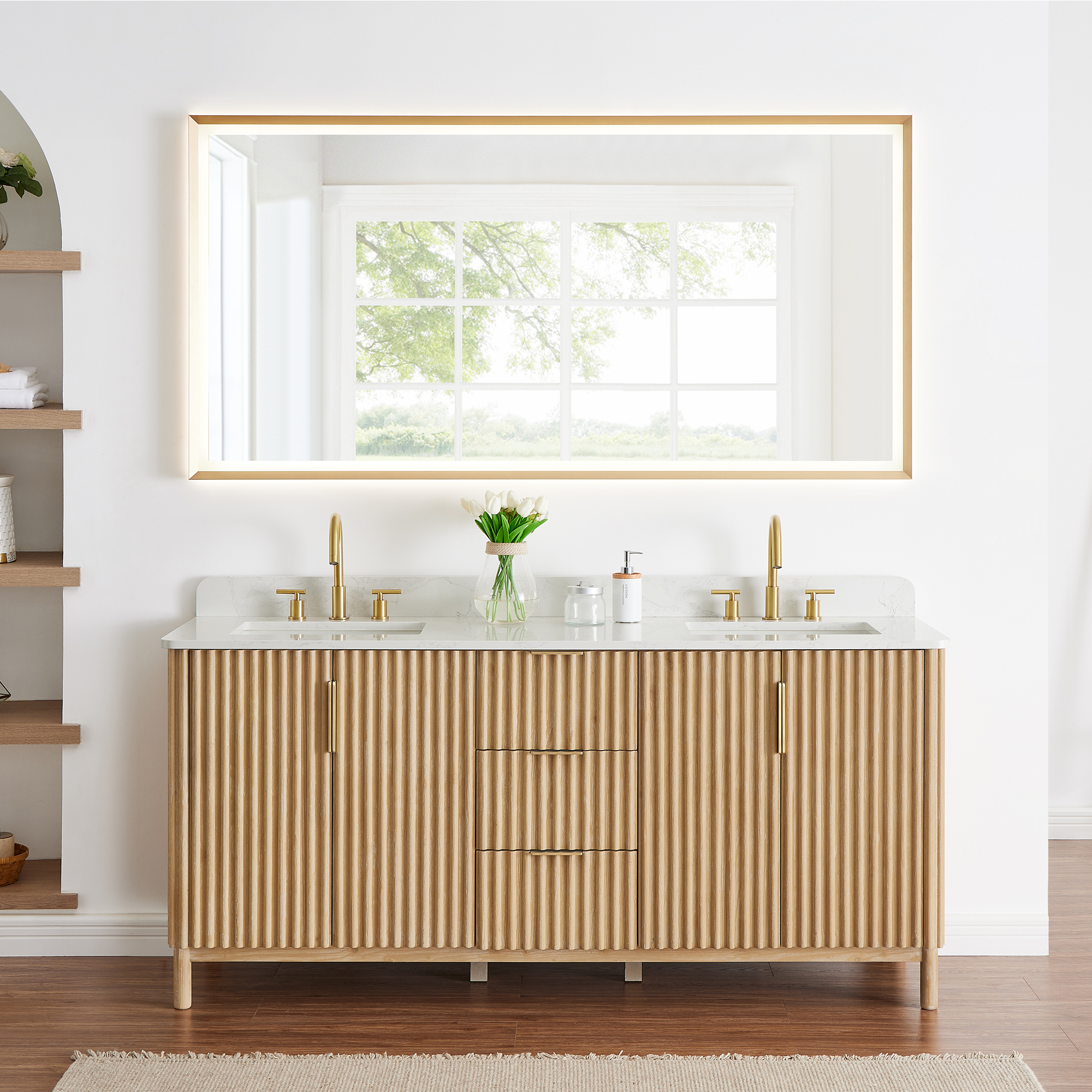 Issac Edwards Collection 72" Double Bathroom Vanity in Washed Light Brown with Grain White Stone Countertop with Mirror