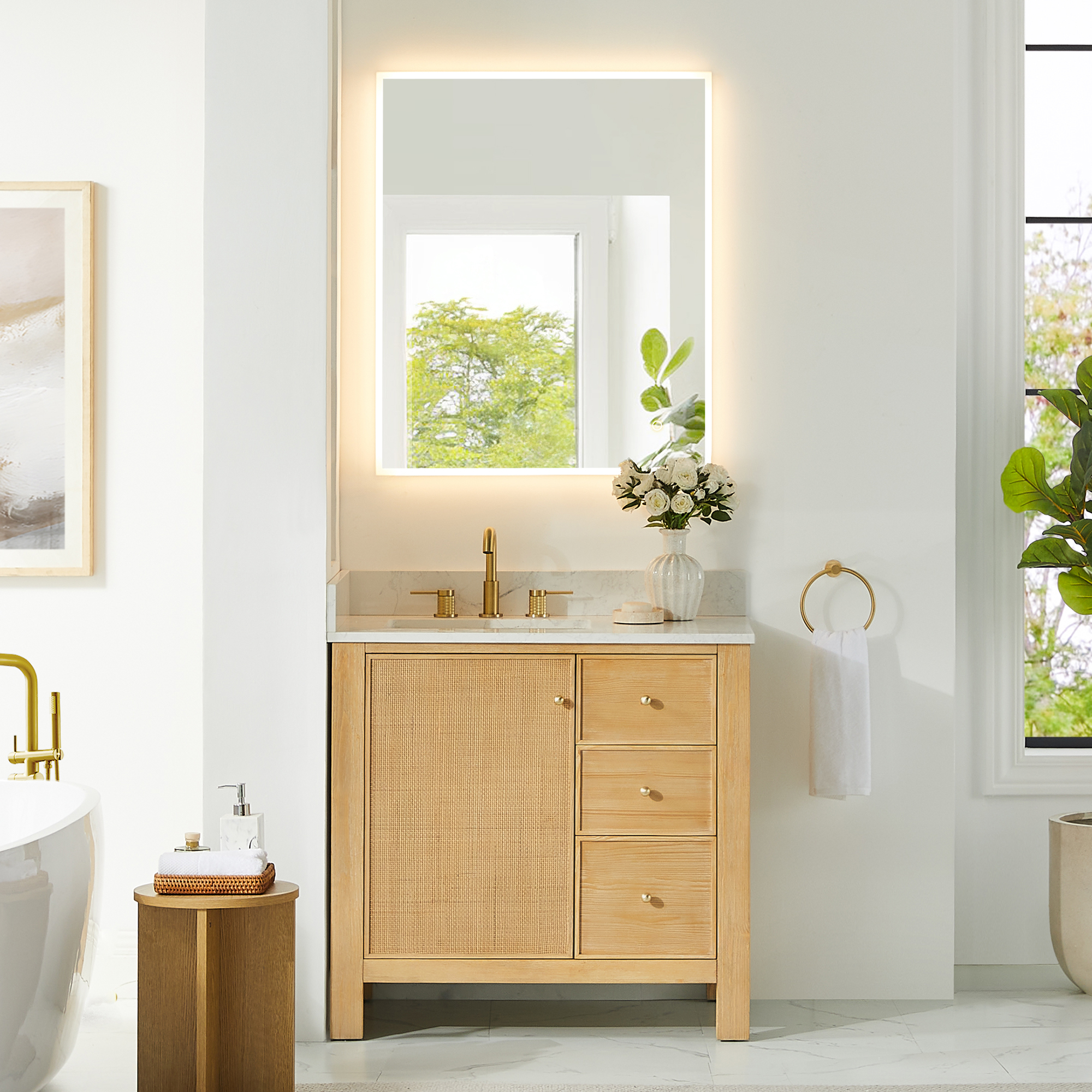 Issac Edwards Collection 36" Single Bathroom Vanity in Natural Wood with Grain White Stone Countertop with Mirror Option