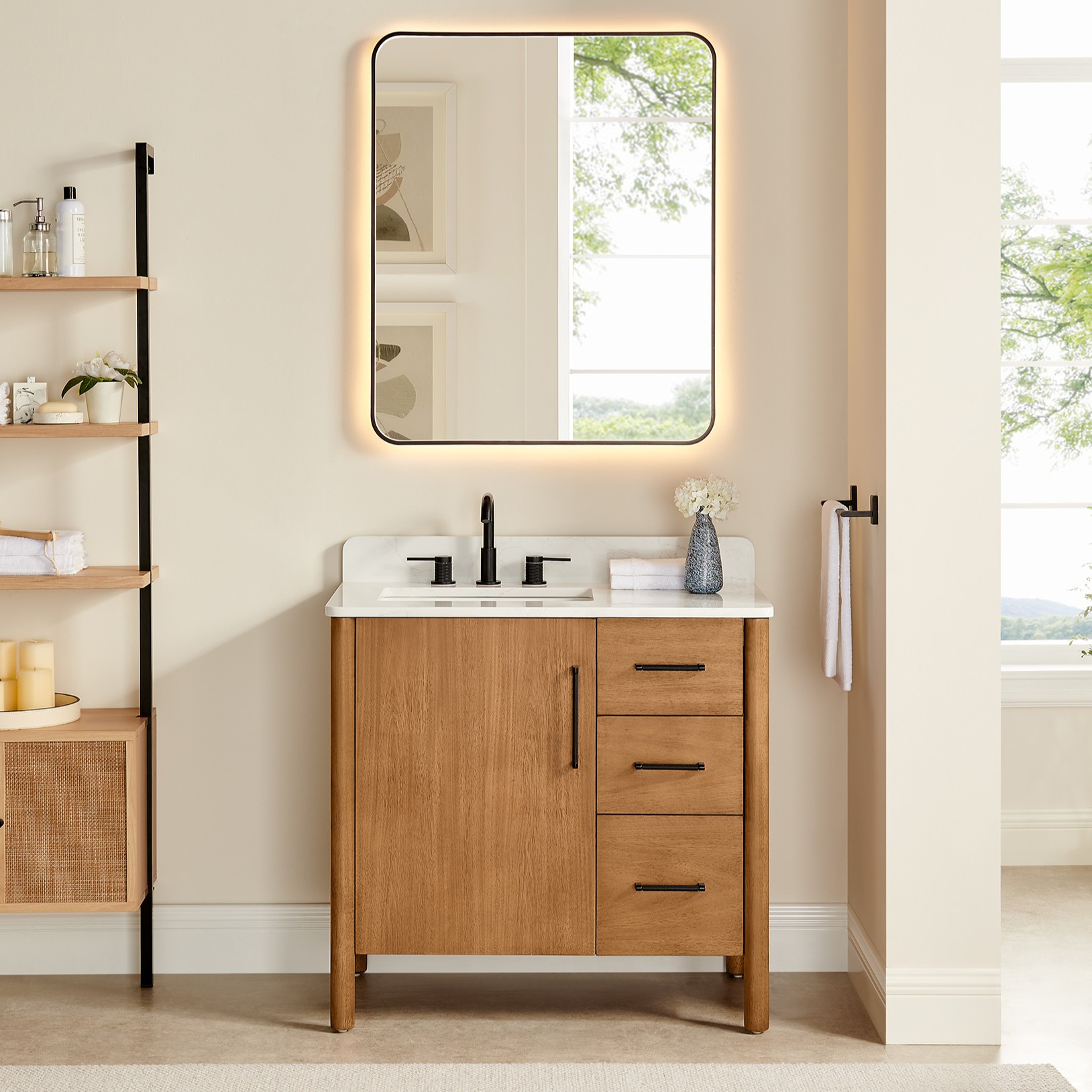 Issac Edwards Collection 36" Single Bathroom Vanity in Mango Brown with Grain White Stone Countertop with Mirror Option