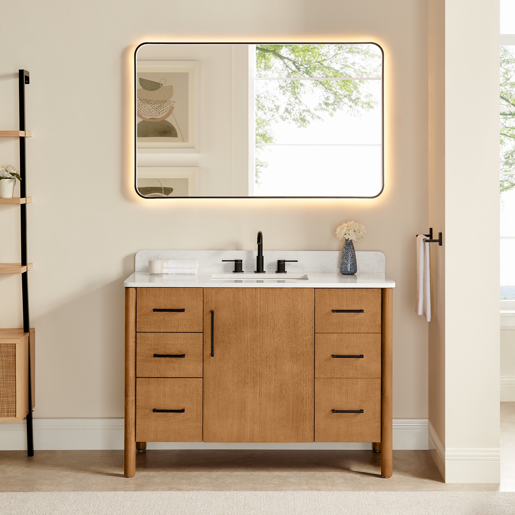 Issac Edwards Collection 48" Single Bathroom Vanity in Mango Brown with Grain White Stone Countertop with Mirror Option