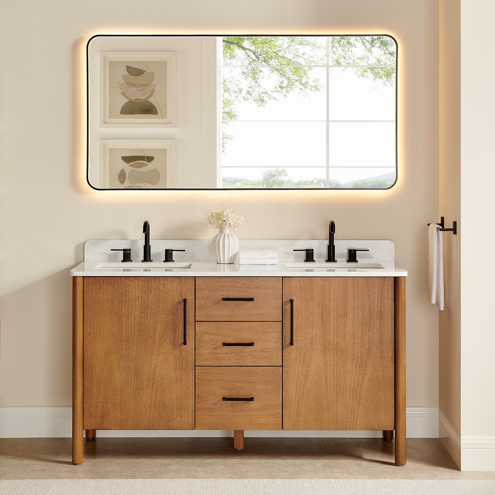 Issac Edwards Collection 60" Double Bathroom Vanity in Mango Brown with Grain White Stone Countertop with Mirror Option