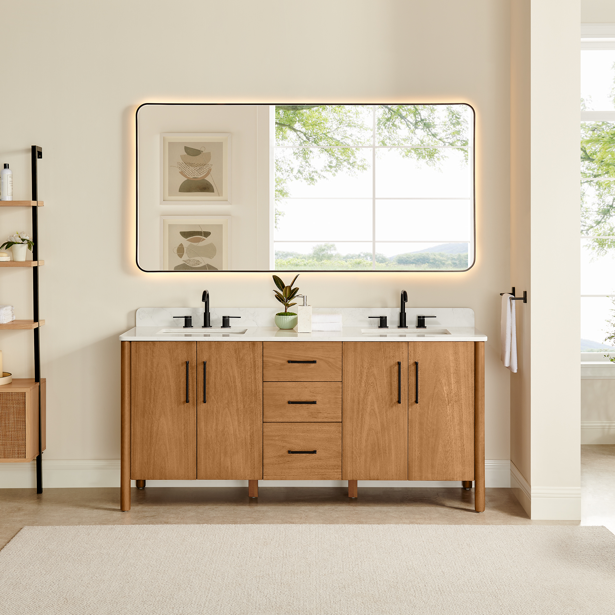 Issac Edwards Collection 72" Double Bathroom Vanity in Mango Brown with Grain White Stone Countertop and Mirror Option