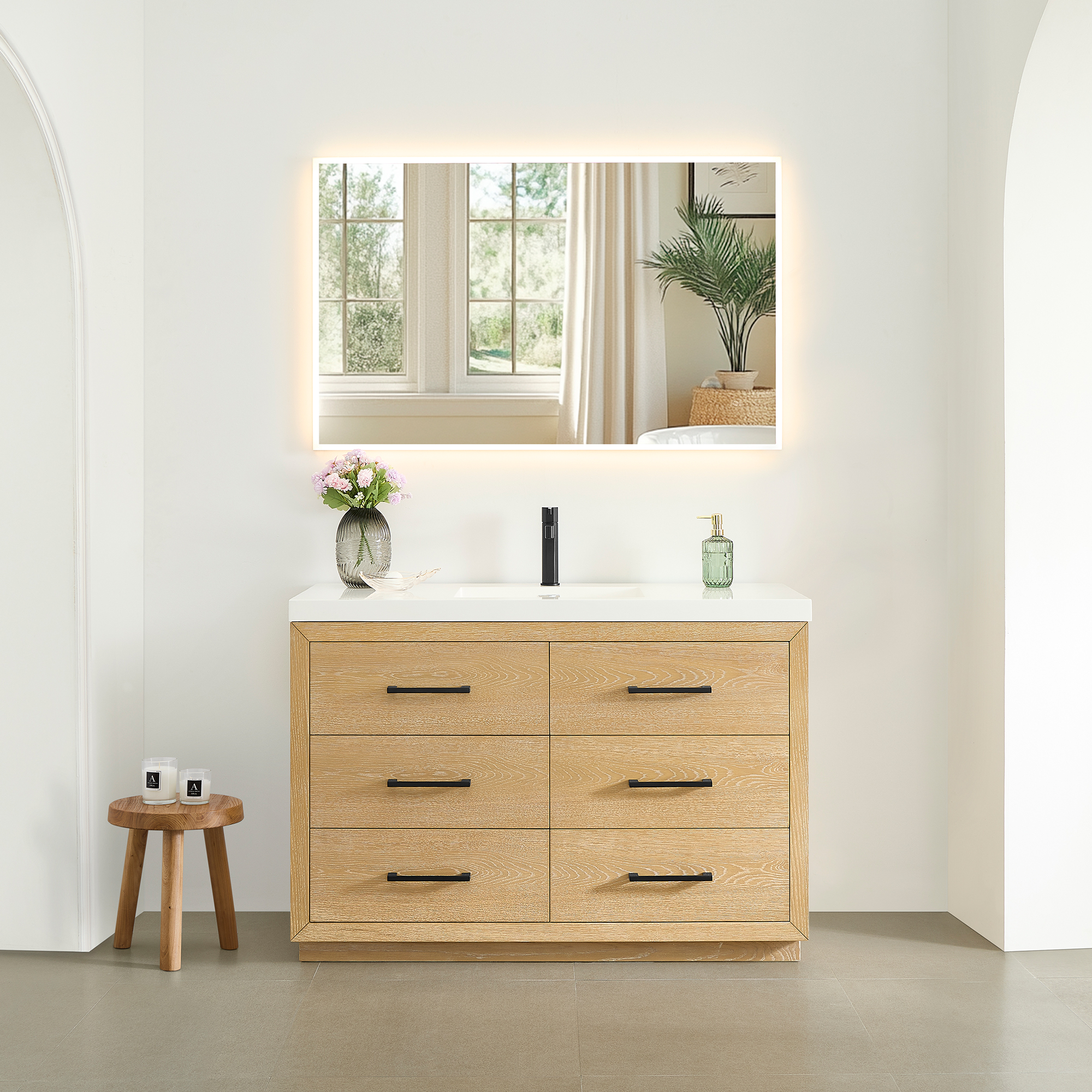 Issac Edwards Collection 48" Single Bathroom Vanity in White Oak with White Artificial Drop-in Sink with Mirror