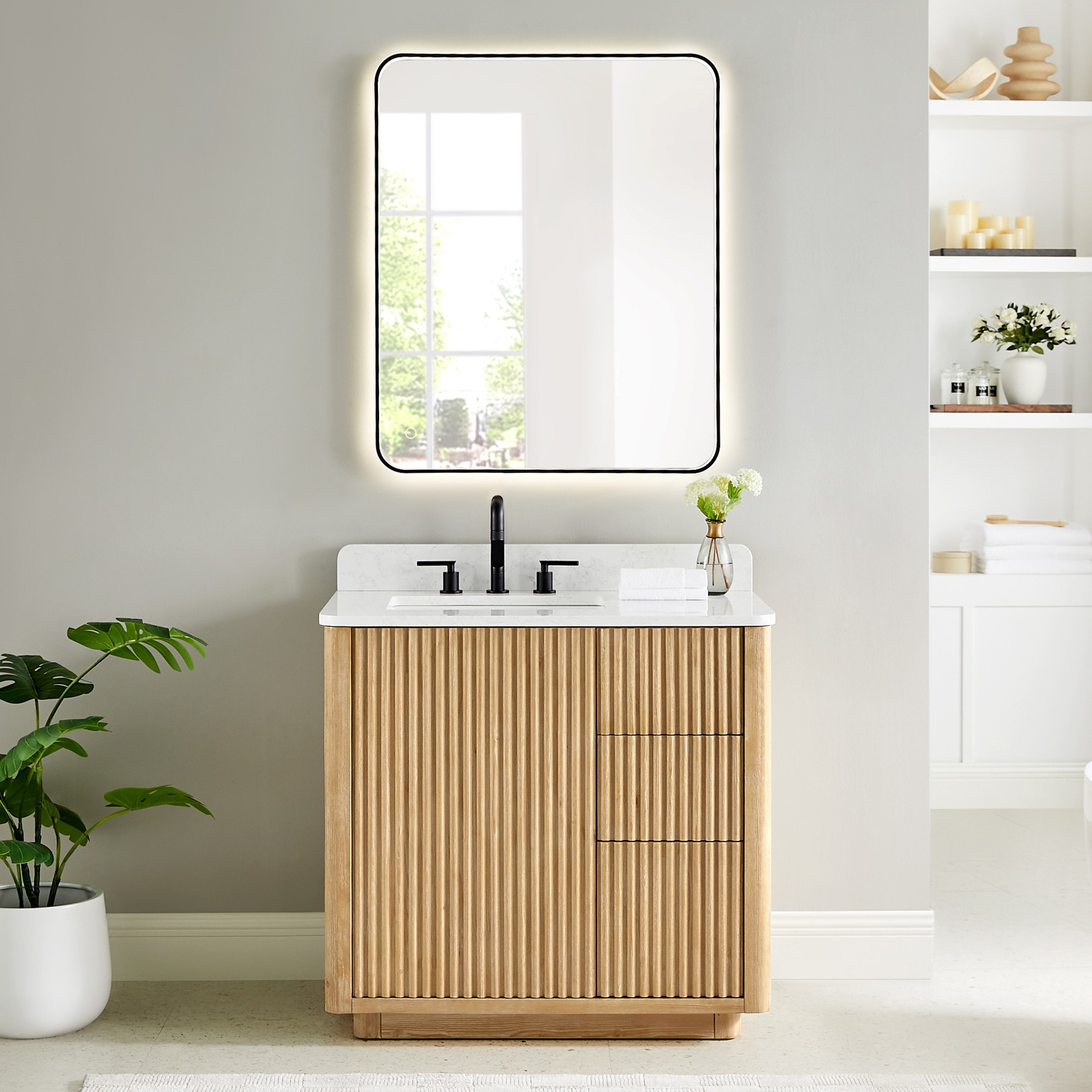 Issac Edwards 36" Single Bathroom Vanity in Washed Light Brown with Grain White Stone Countertop and Mirror Option