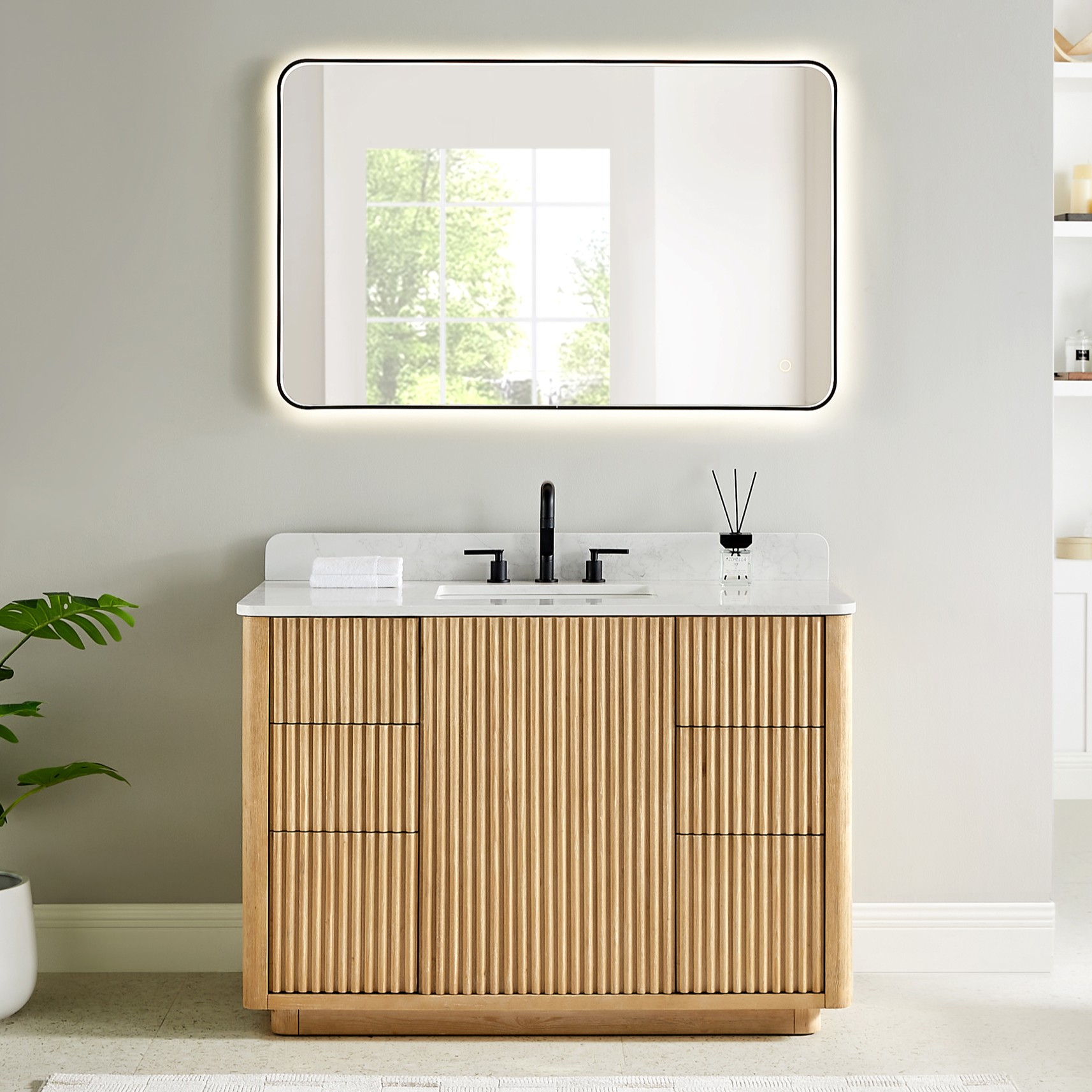 Issac Edwards 48" Single Bathroom Vanity in Washed Light Brown with Grain White Stone Countertop and Mirror Option