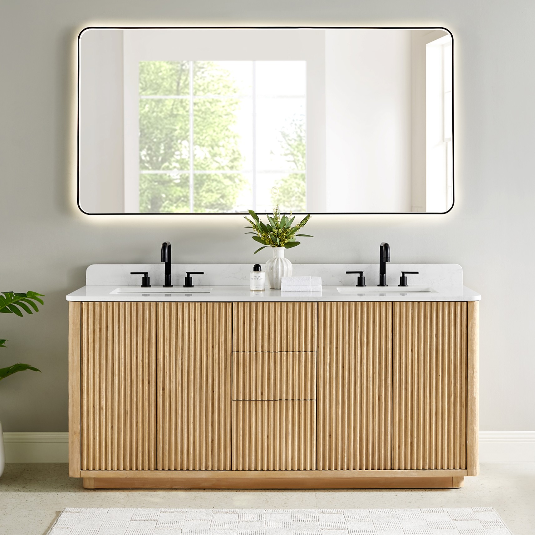 Issac Edwards 72" Double Bathroom Vanity in Washed Light Brown with Grain White Stone Countertop and Mirror Option