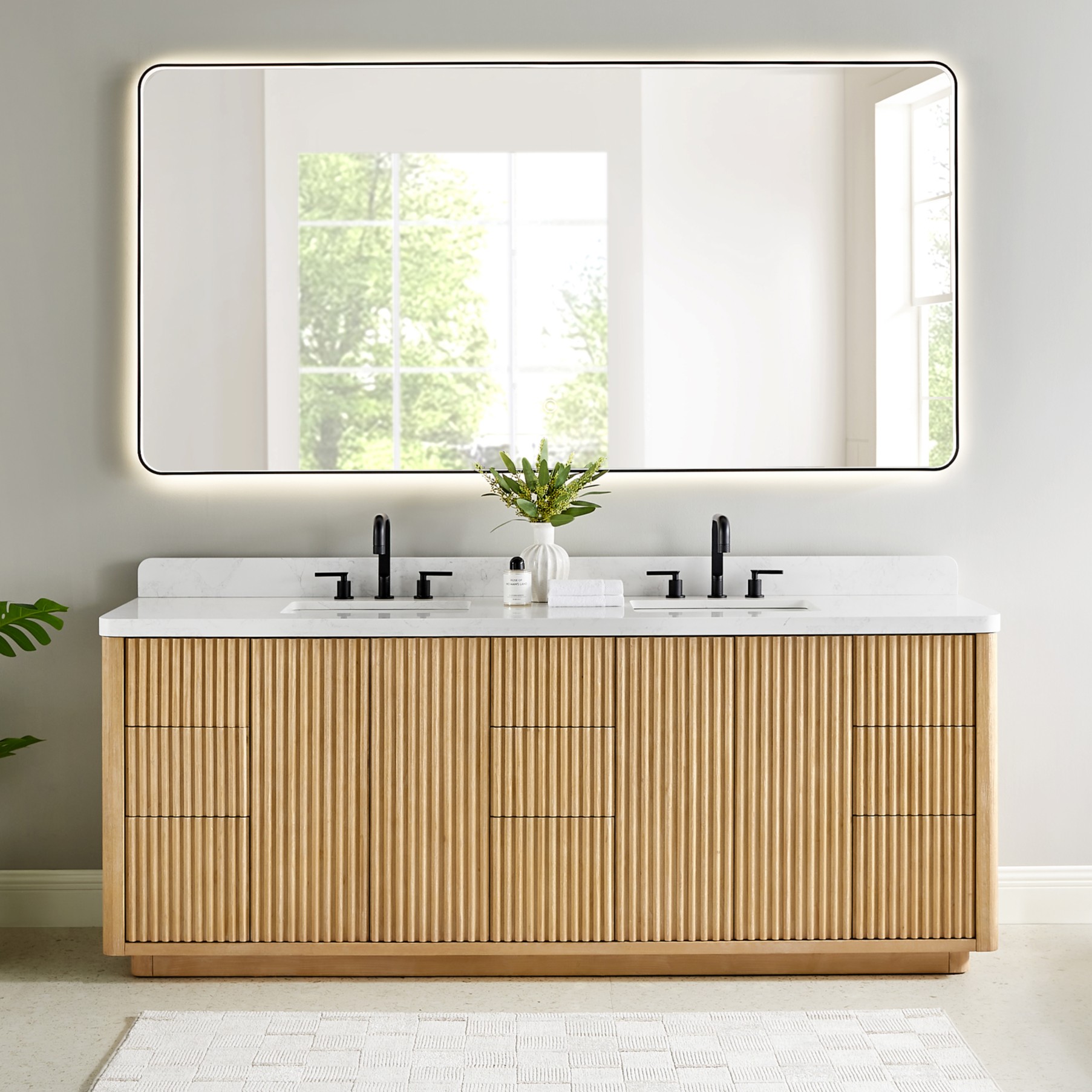 Issac Edwards 84" Double Bathroom Vanity in Washed Light Brown with Grain White Stone Countertop and Mirror Option