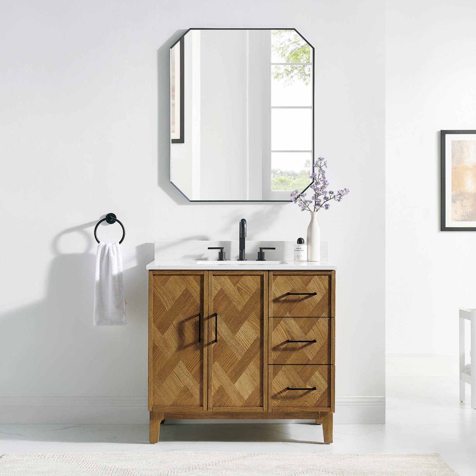 Issac Edwards Collection 36" Single Bathroom Vanity in Weathered Brown with Calacatta Truffle White Quartz Countertop and Mirror Option