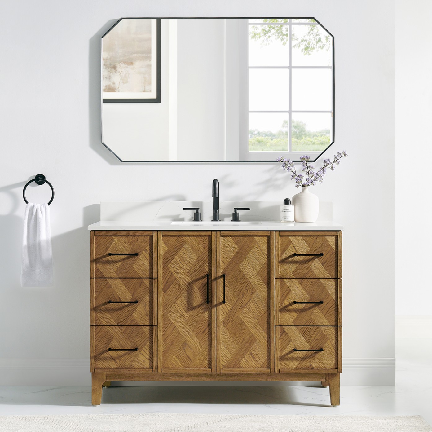 Issac Edwards Collection 48" Single Bathroom Vanity in Weathered Brown with Calacatta Truffle White Quartz Countertop and Mirror Option