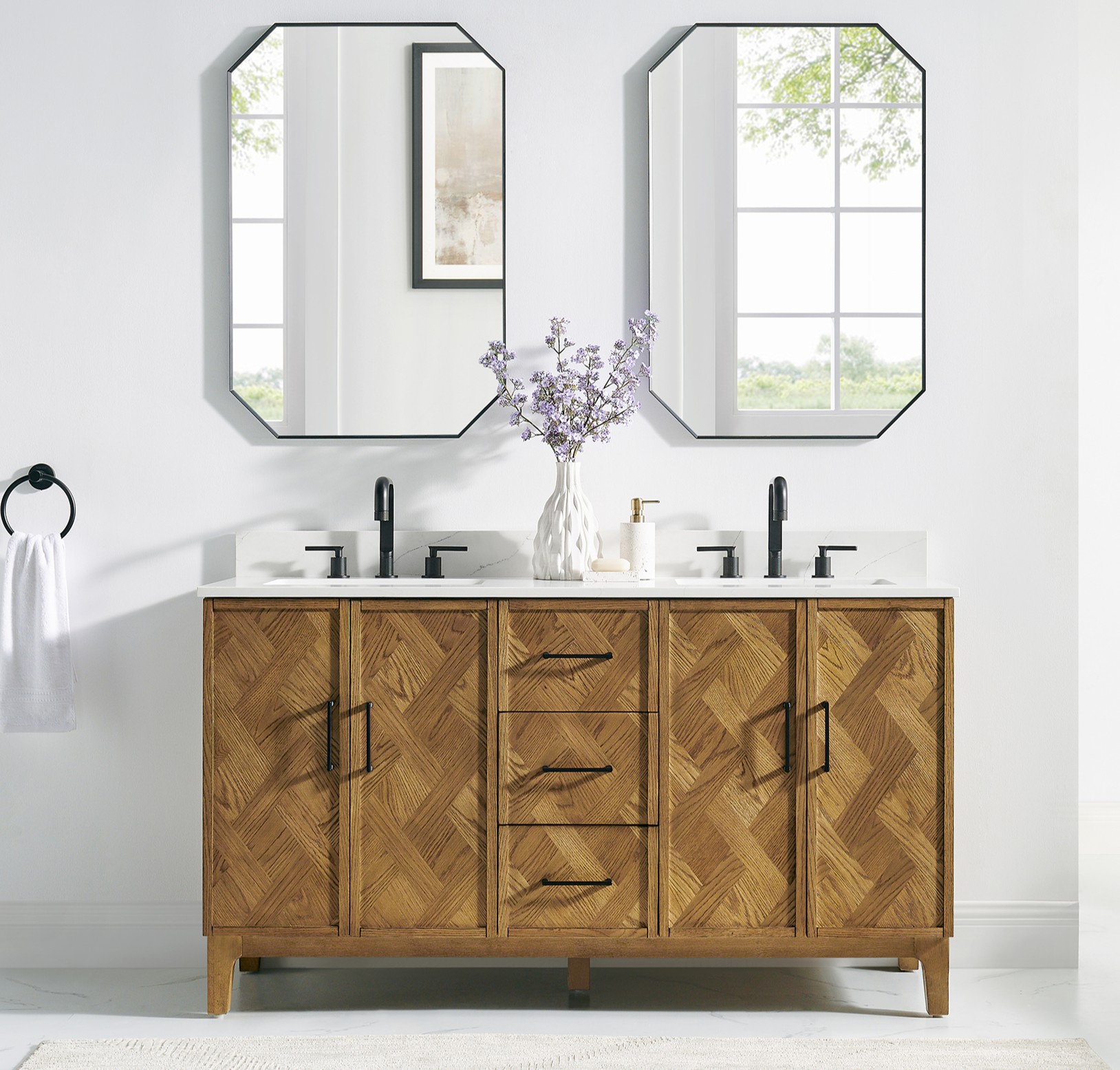 Issac Edwards Collection 60" Double Bathroom Vanity in Weathered Brown with Calacatta Truffle White Quartz Countertop and Mirror Option