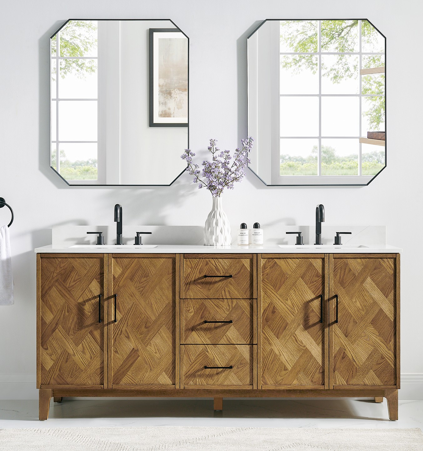 Issac Edwards Collection 72" Double Bathroom Vanity in Weathered Brown with Calacatta Truffle White Quartz Countertop and Mirror Option