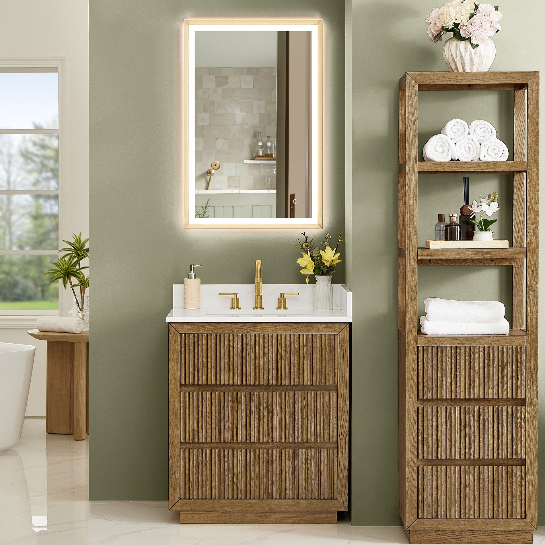 Issac Edwards Collection 30" Single Bathroom Vanity in Weathered Brown with Grain White Stone Countertop, Mirror Option and Linen Cabinet Option