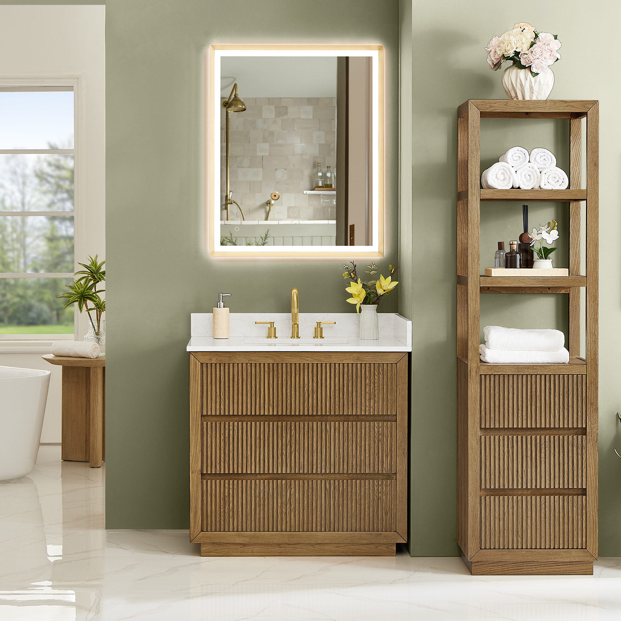 Issac Edwards Collection 36" Single Bathroom Vanity in Weathered Brown with Grain White Stone Countertop, Mirror Option and Linen Cabinet Option
