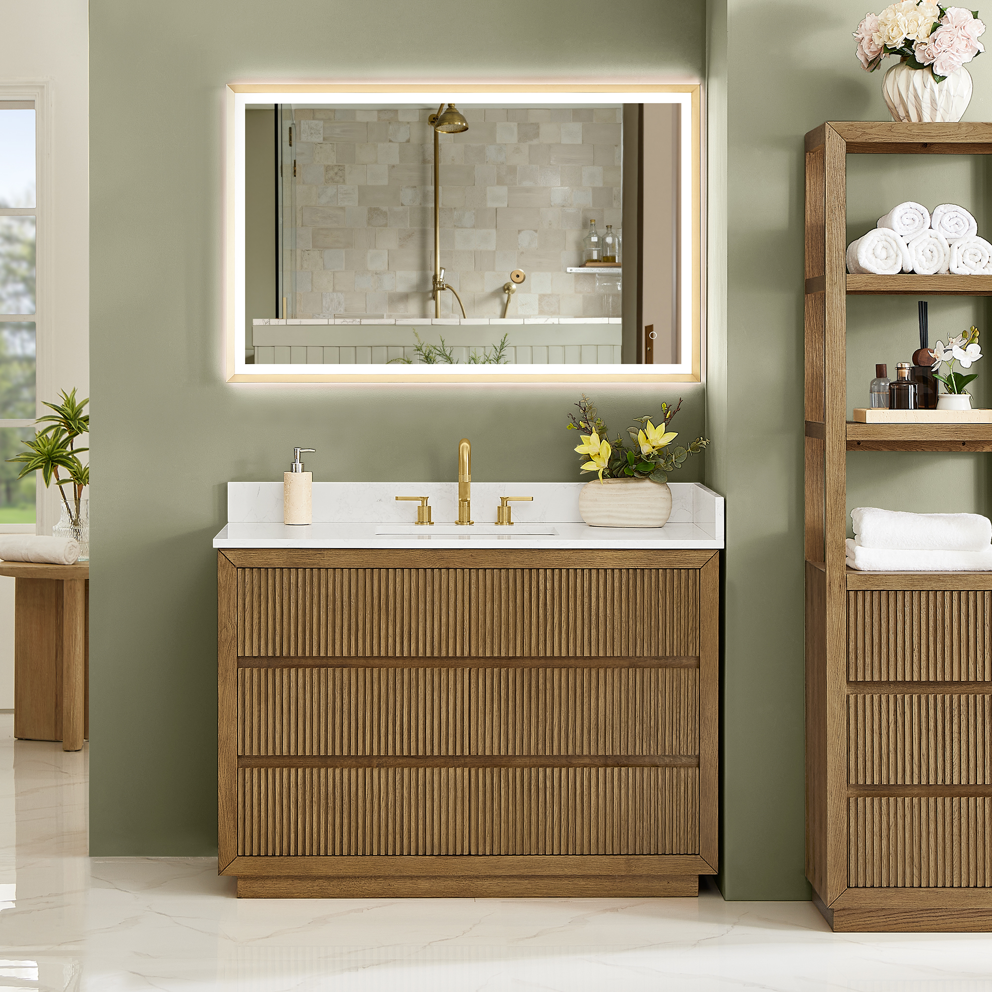 Issac Edwards Collection 48" Single Bathroom Vanity in Weathered Brown with Grain White Stone Countertop, Mirror Option and Linen Cabinet Option